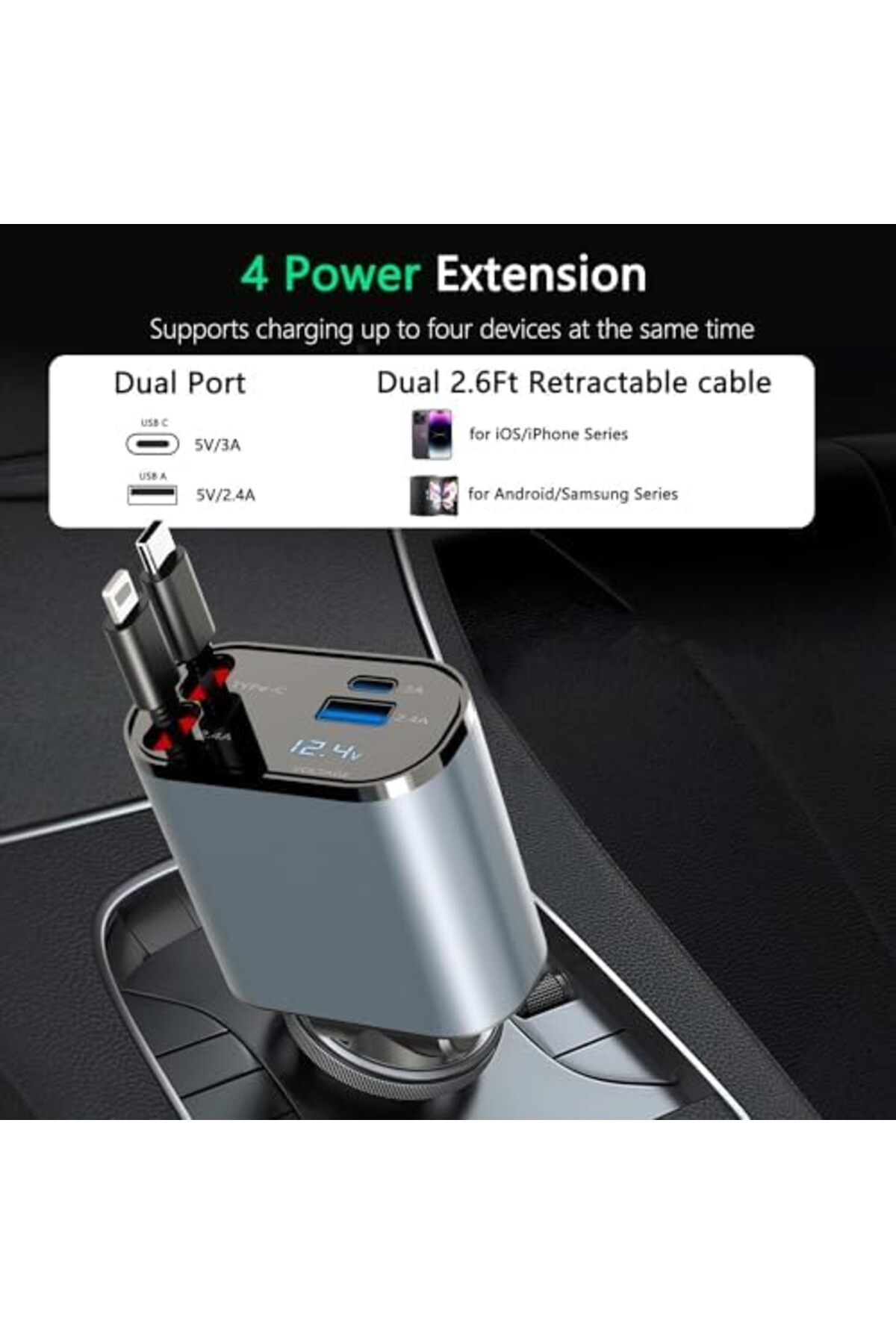 Generic-Super Fast Charge 4-in-1 Car Charger with Dual Retractable Cable, Dual Port USB C PD Fast Charging, 6