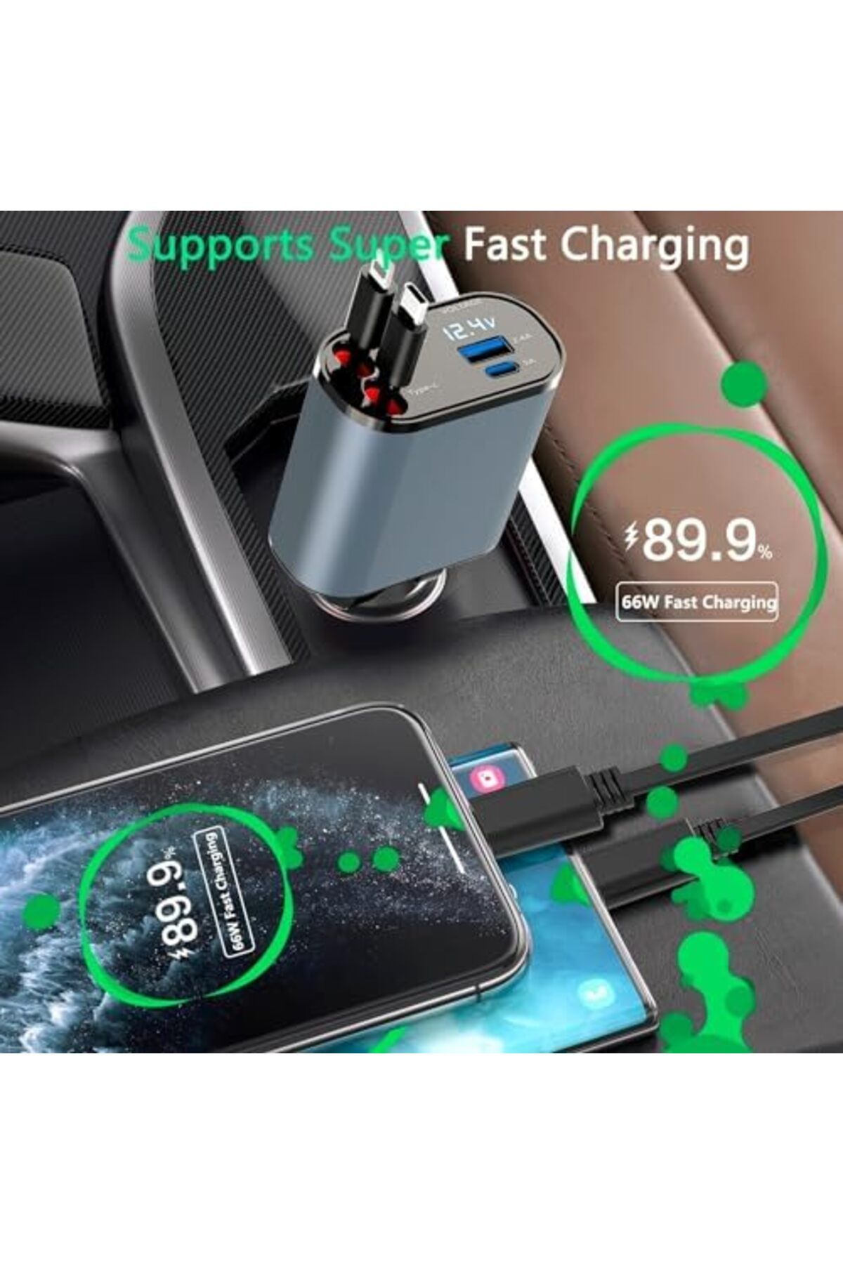 Generic-Super Fast Charge 4-in-1 Car Charger with Dual Retractable Cable, Dual Port USB C PD Fast Charging, 4