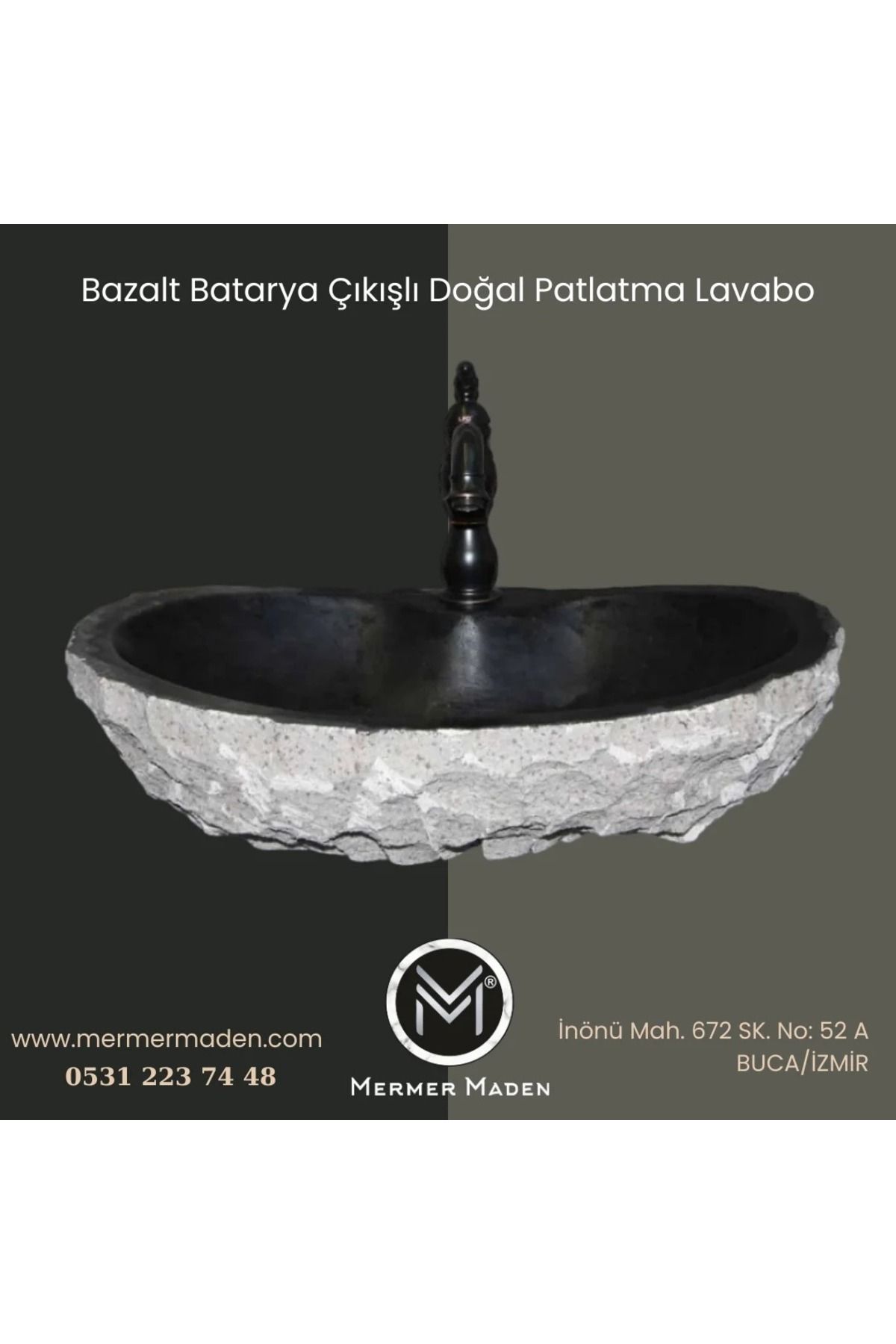 MermerMaden Batarya Çıkışlı Doğal Patlatma Bazalt Lavabo