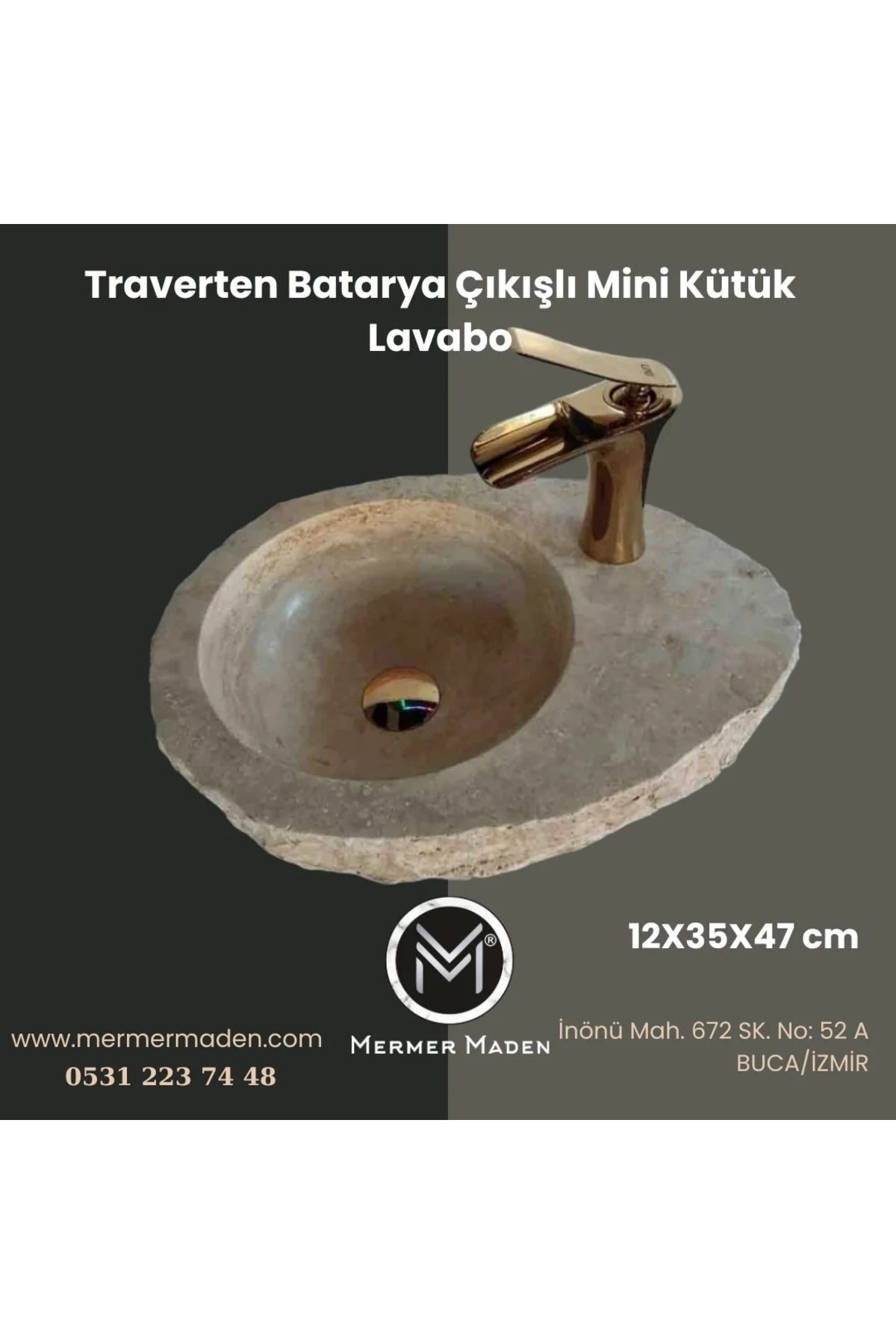 MermerMaden Batarya Çıkışlı Mini Kütük Traverten Lavabo