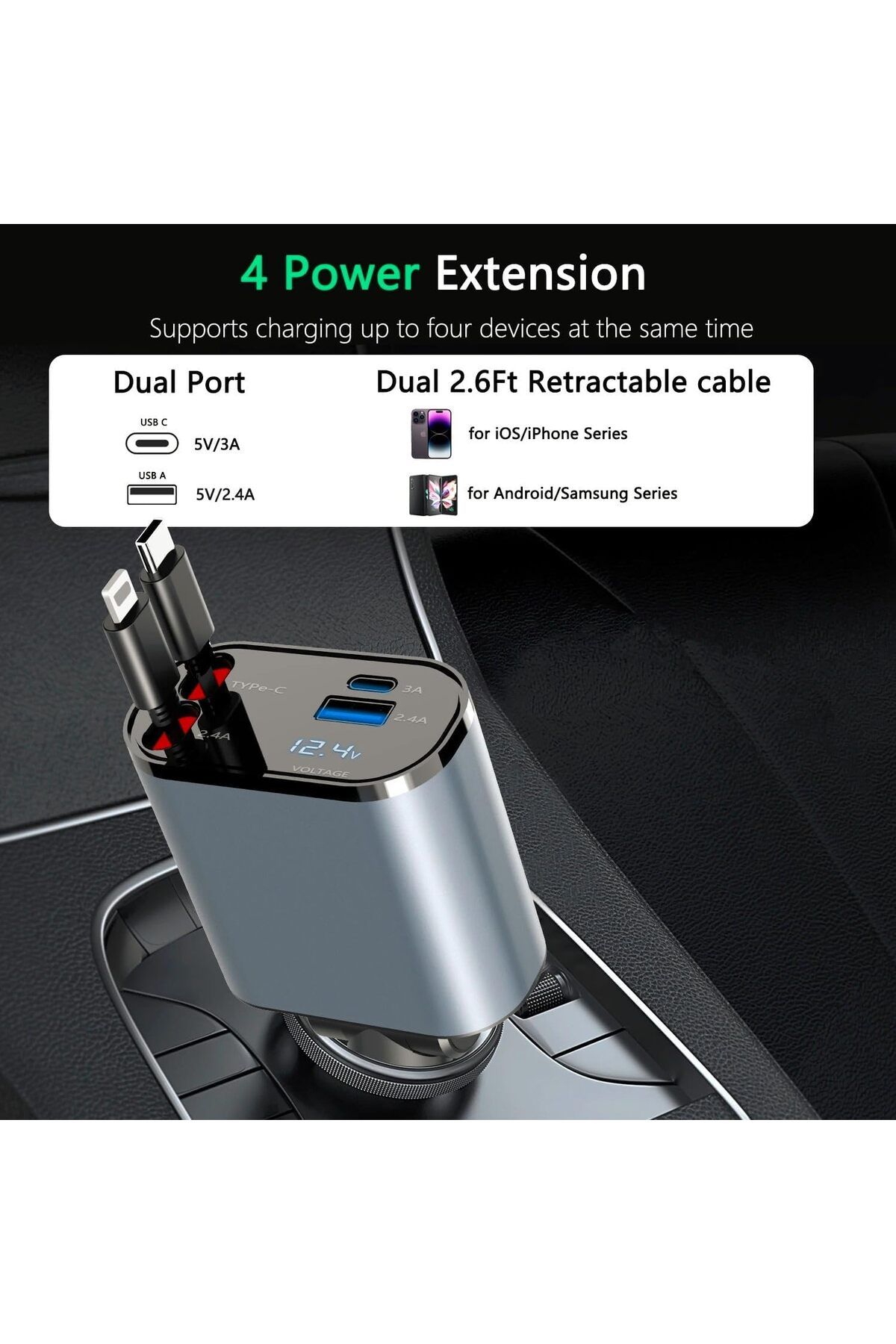 Generic-Super Fast Charge 4-in-1 Car Charger with Dual Retractable Cable, Dual Port USB C PD Fast Charging, 5