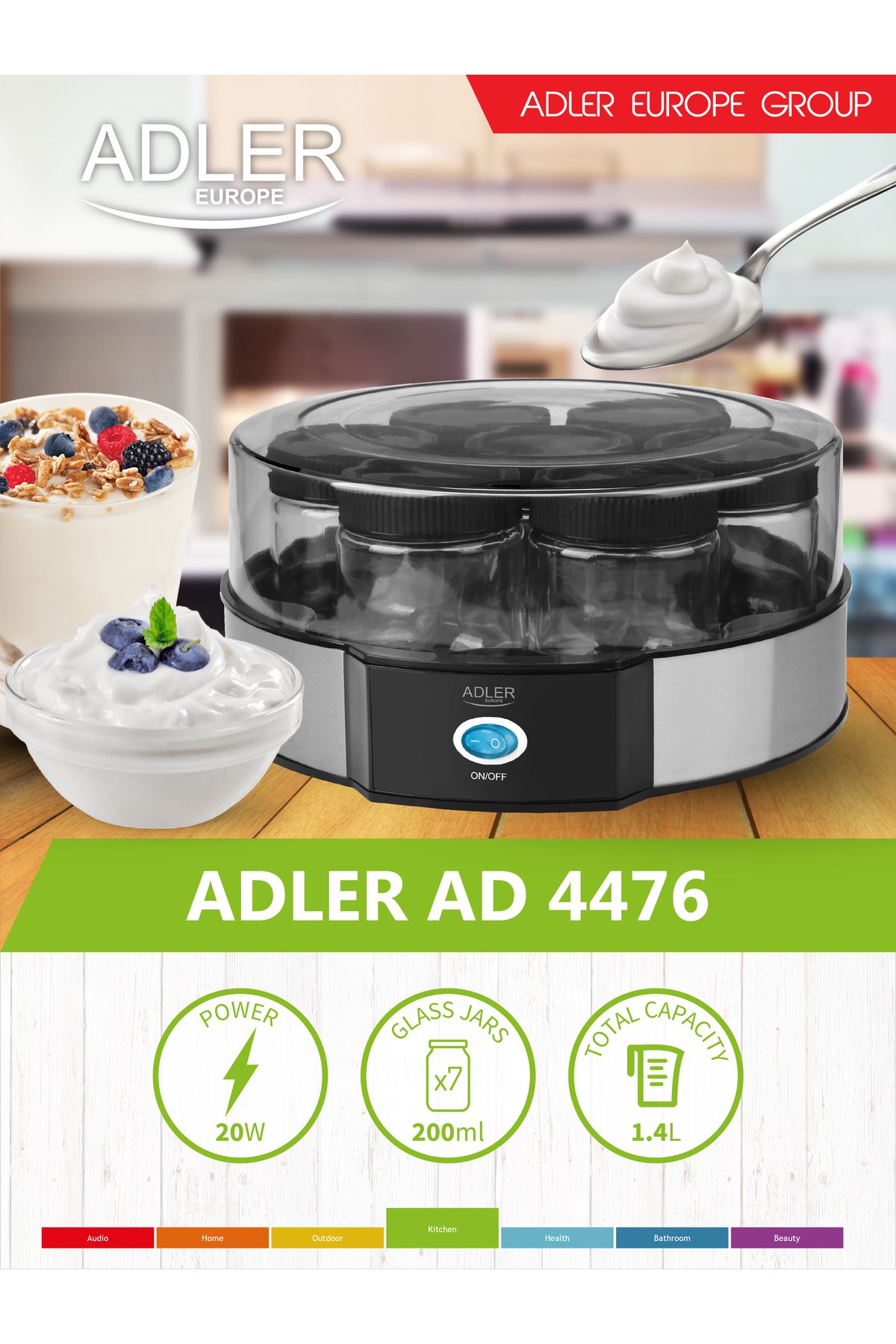 adler-Aparat pentru preparat iaurt Adler AD4476, 7 compartimente pentru borcane, Negru/Argintiu 5