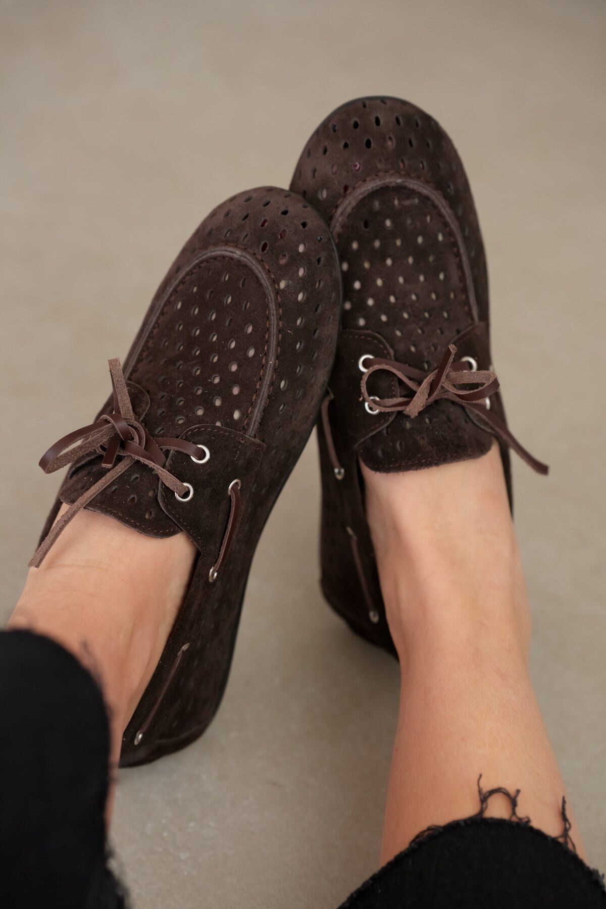 selinshoes Glosie Delikli Bağcık Detaylı Hakiki Deri Kadın Loafer- Acı Kahve