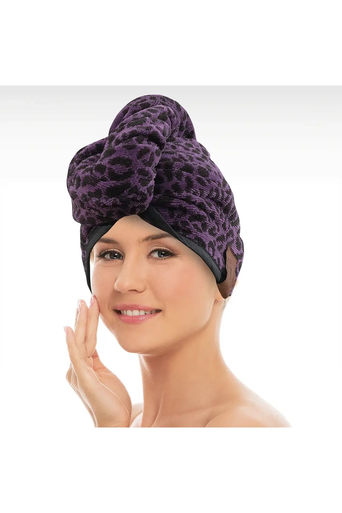 ELLE HOME Leopar Havlu Saç Bonesi - Mürdüm