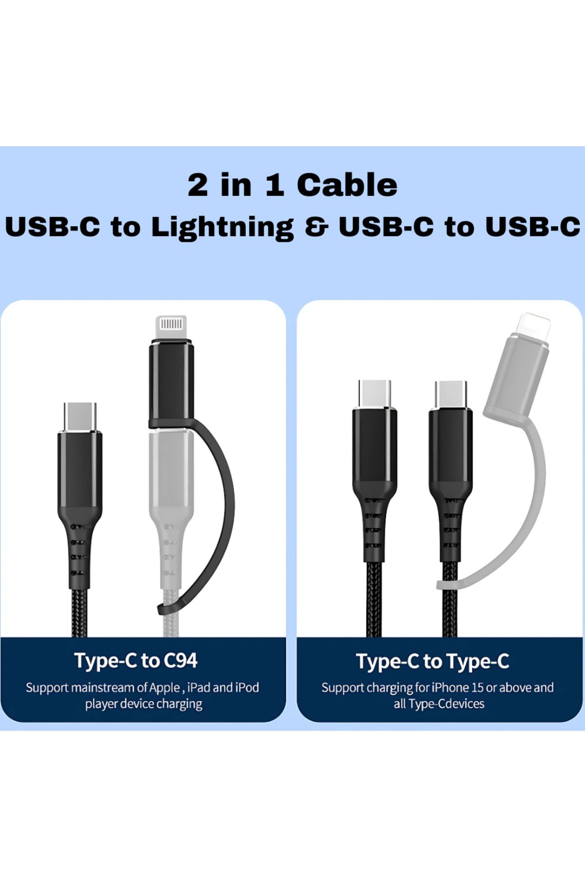 LUVLU-Cablu USB C cu încărcare rapidă, împletit, 2 în 1, max. 60 W, USB C la USB C și Lightning, universal, 1 m 4