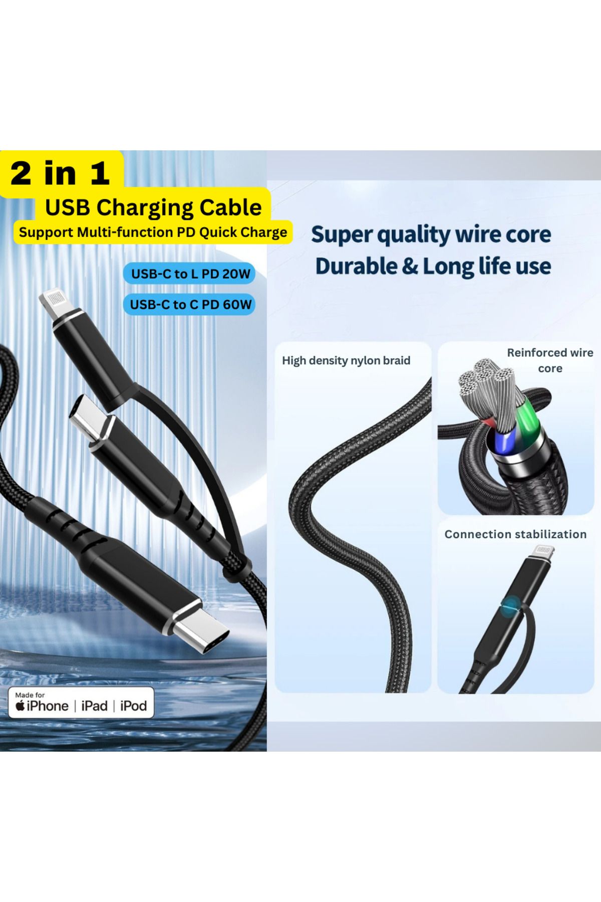 LUVLU-Cablu USB C cu încărcare rapidă, împletit, 2 în 1, max. 60 W, USB C la USB C și Lightning, universal, 1 m 2