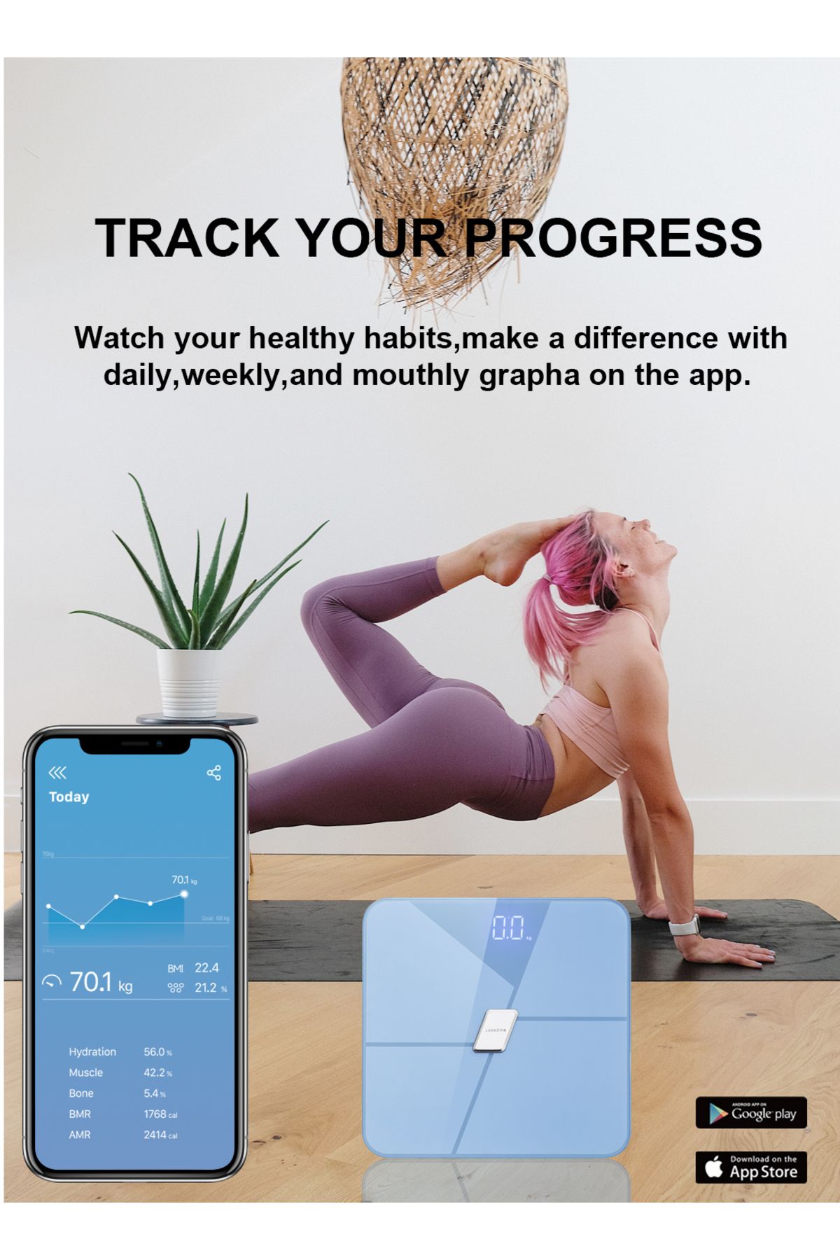 Lawazim-ميزان شخصي رقمي مزود بتقنية البلوتوث - ميزان ذكي للجسم مزود بإضاءة LED، 13 مقياسًا، مزامنة التطبيق 5
