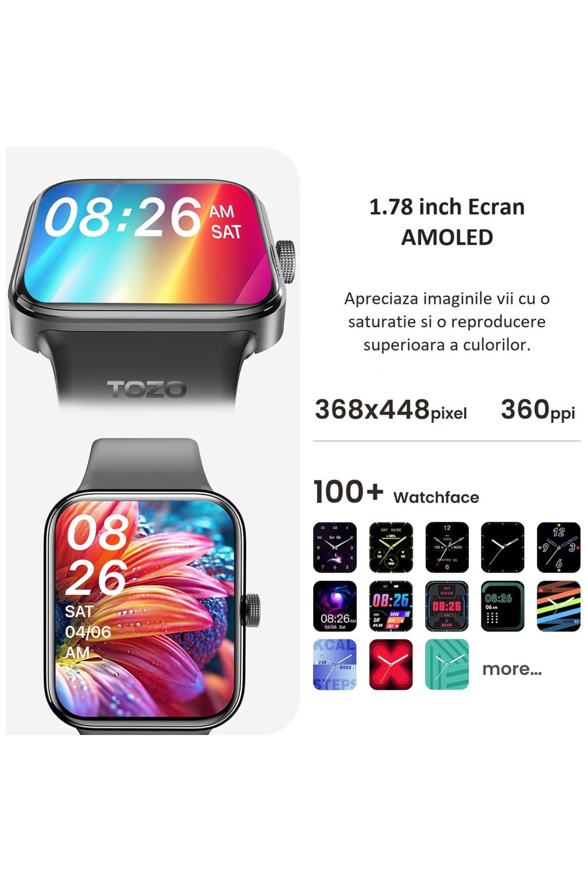 Smart Vibe-Smartwatch AMOLED Always ON Display TOZO® S4 AcuFit One 1.78” Ultra-Clear, Apel Bluetooth, Black 4