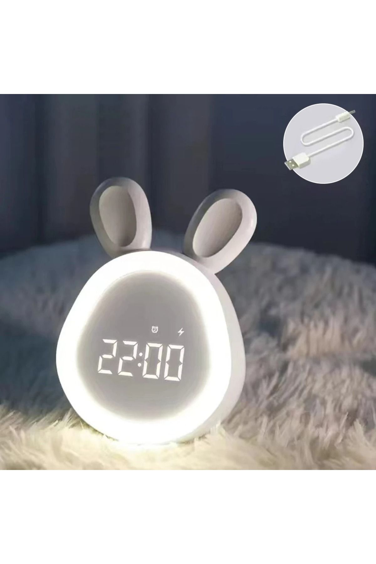 Store şarjlı çalar saat gece lambası ses komutlu ışıklı alarmlı tavşan saat
