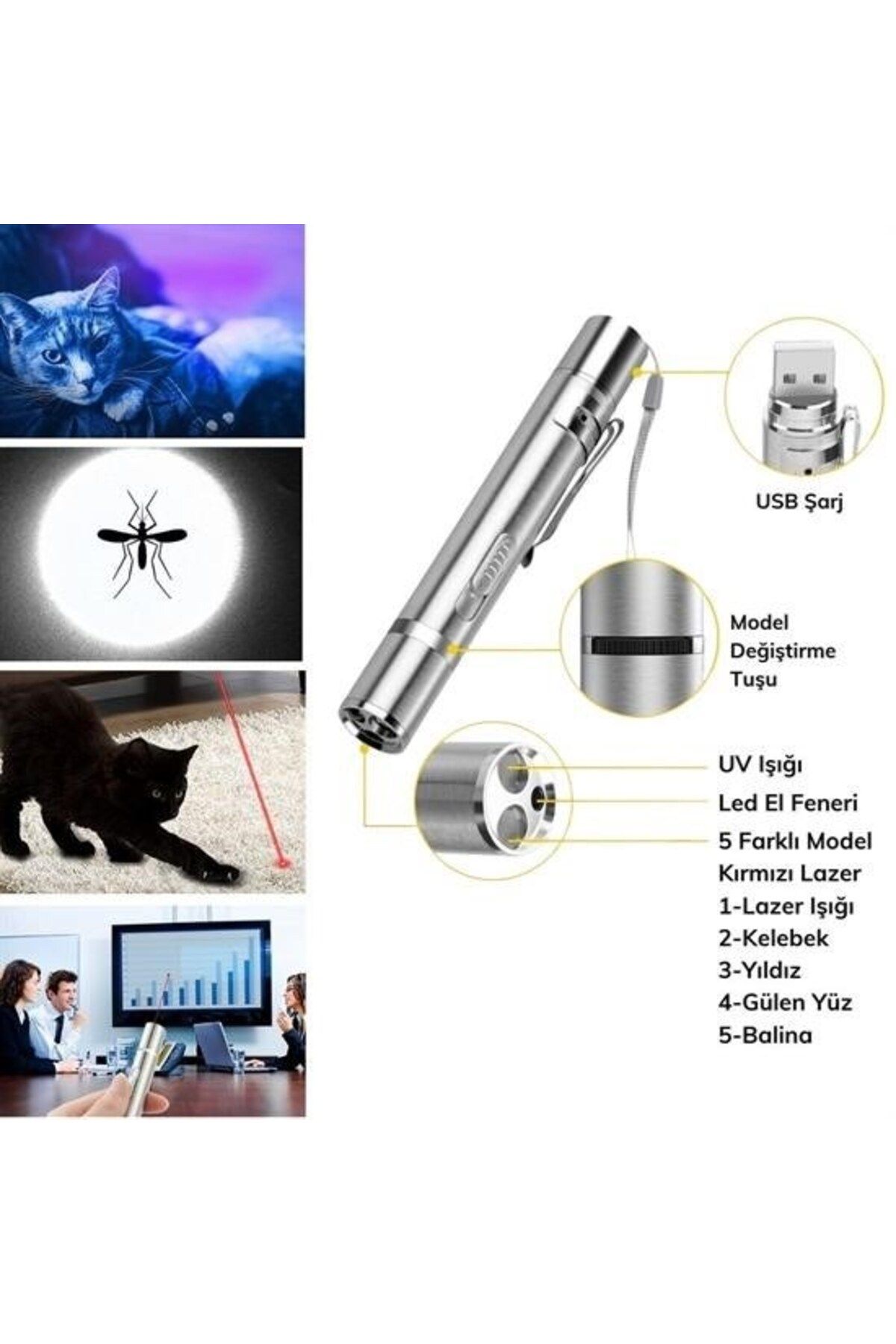 swilex Usb İle Şarj Edilebilen 3In 1 Kırmızı Işık +Beyaz Led Meşale Işık + Uv El Feneri Kedi Lazeri