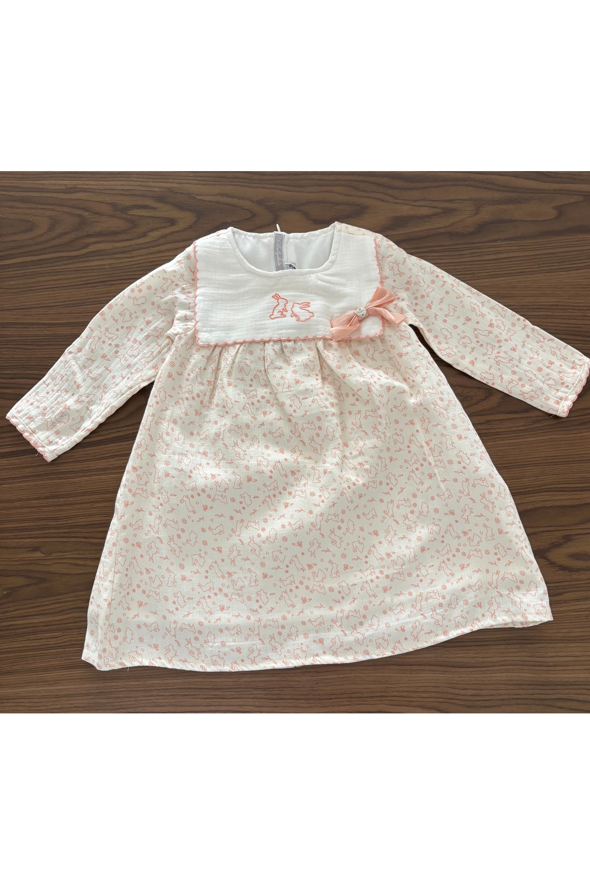 Babydola %100 Pamuk Müslin Tavşan Nakışlı Kız Bebek Elbisesi - Uzun Kollu fotoğrafı 3 (önizleme)