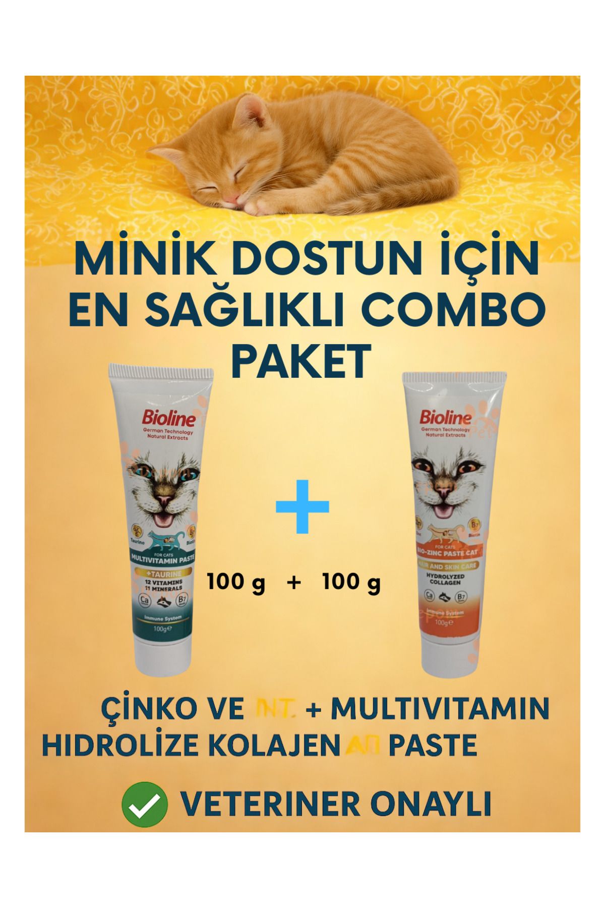 Bioline Kedi Macunu 2'li Set – Multivitamin + Çinko & Kolajen – Tüy ve Bağışıklık Destekli Jel