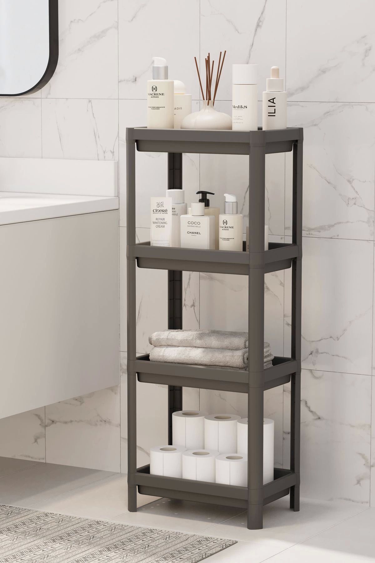 MELFSHOP Siyah 4 Katlı Banyo Raf Ünitesi - Çok Amaçlı Banyo Düzenleyici, Şampuanlık, Havluluk & Dolap Rafları