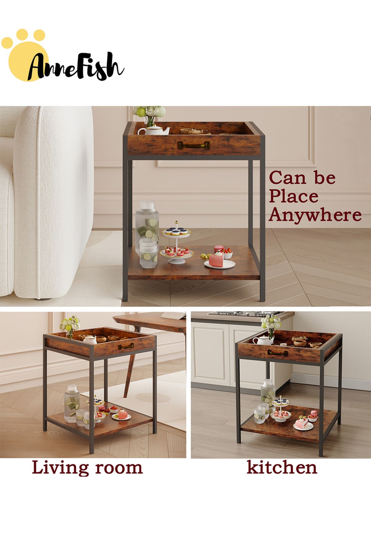 AnneFish-60*40*43cm Side Table Tray Coffee Service Table Removable Top End Table Sofa Bedside Table 6