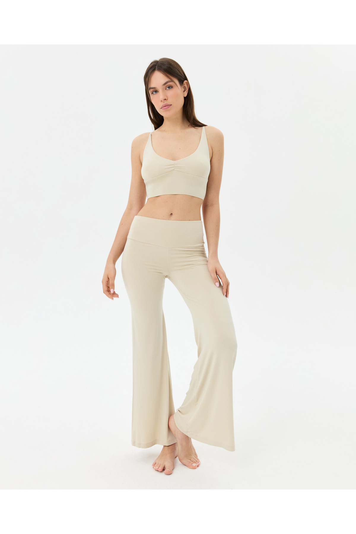 Ayma Active Krem Şortlu Yoga Pantolon İnce Dökümlü Yoga Pantolon