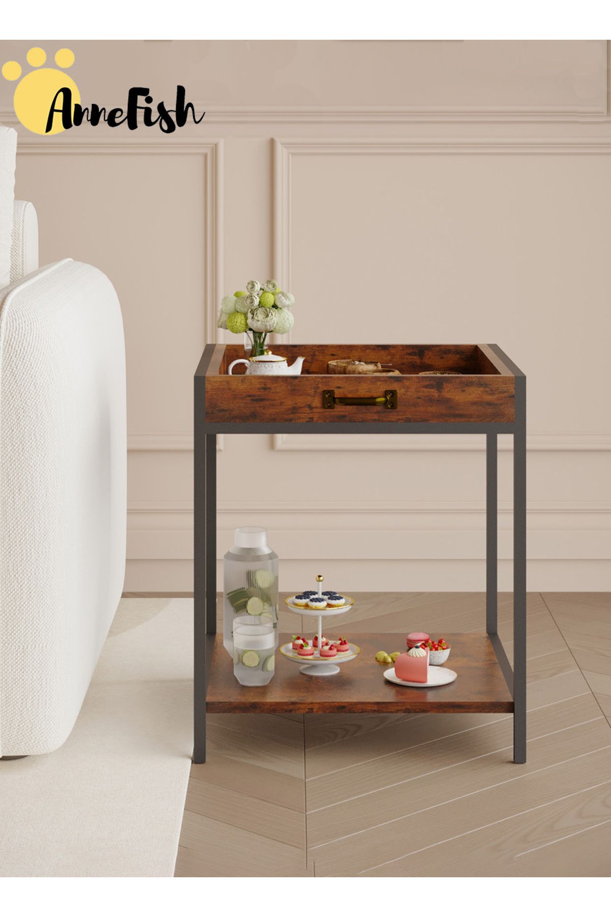 AnneFish-60*40*43cm Side Table Tray Coffee Service Table Removable Top End Table Sofa Bedside Table 5