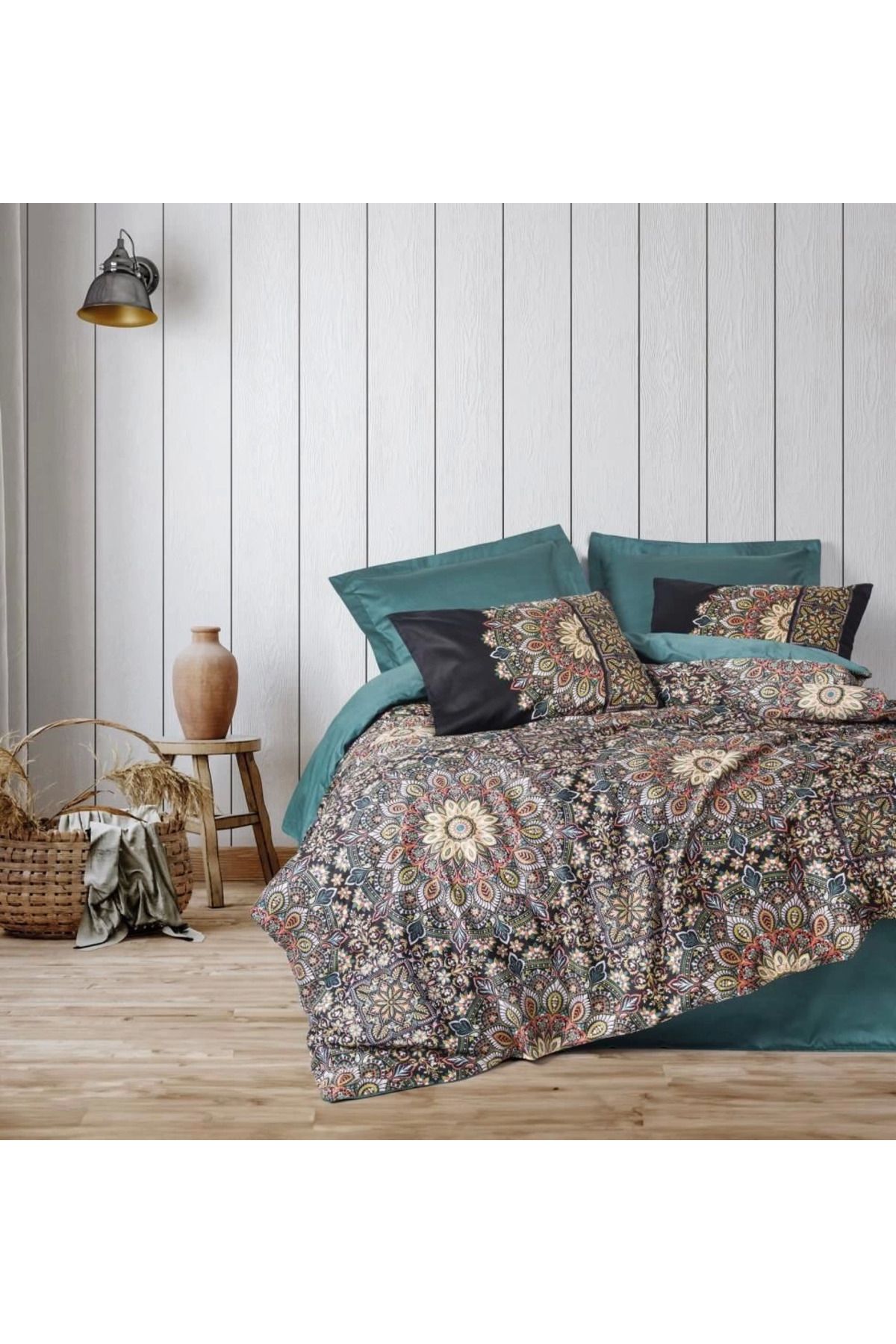 ÖYKÜ VE YİĞİT Cotton Box Çift Kişilik Saten Nevresim Takımı Ornate Petrol