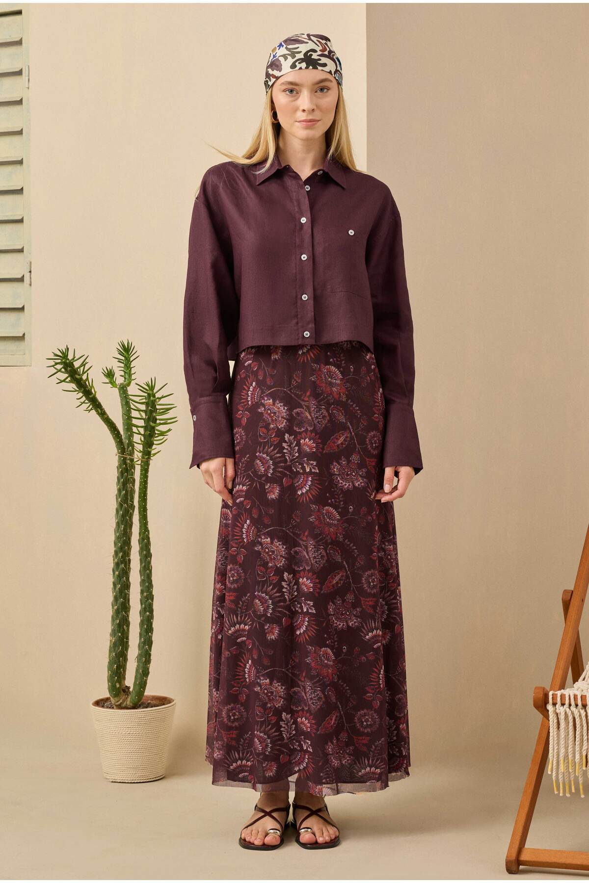 HEQA-Λινό Crop Πουκάμισο Claret Red 5