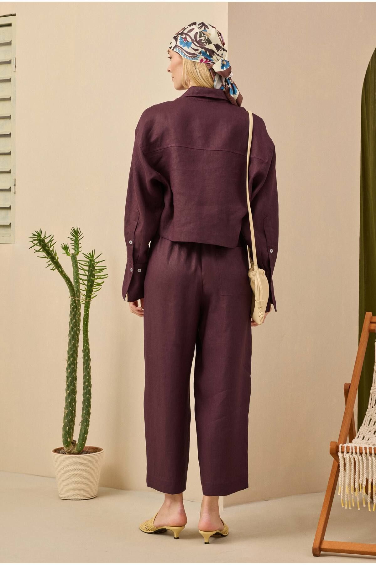 HEQA-Λινό Crop Πουκάμισο Claret Red 6
