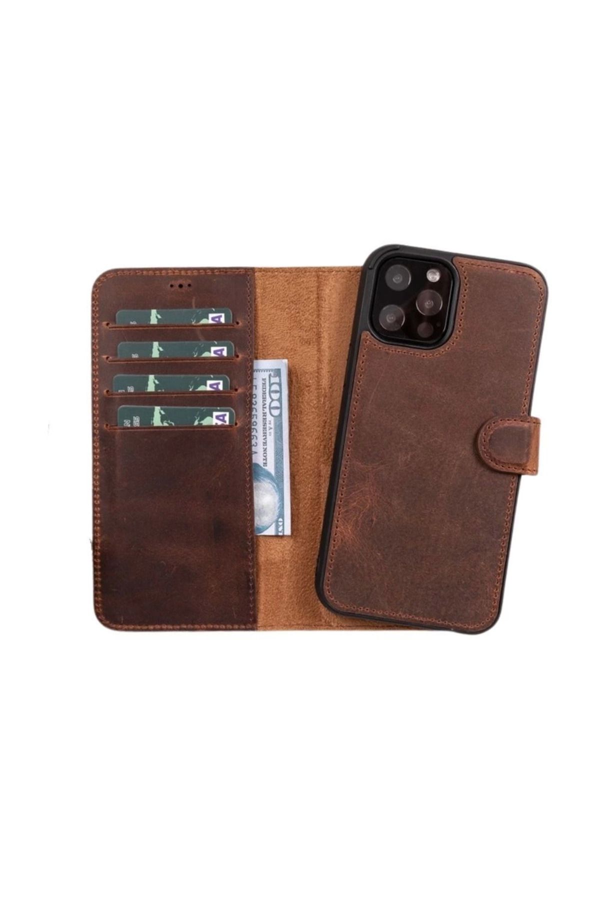 Angoravi Apple iPhone 11 Pro Max Uyumlu Deri Cüzdanlı Kılıf RFID G2 Kahve