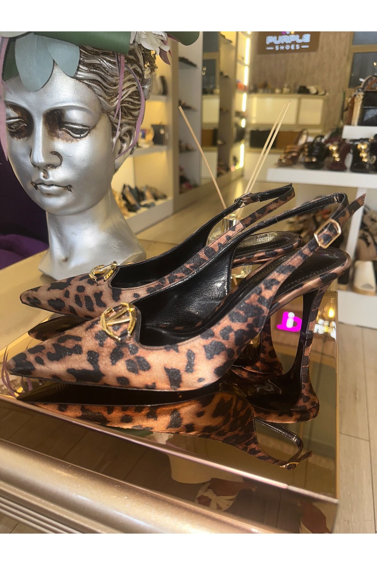 purple shoes Leopar,saten,arkası açık alçak topuk stiletto