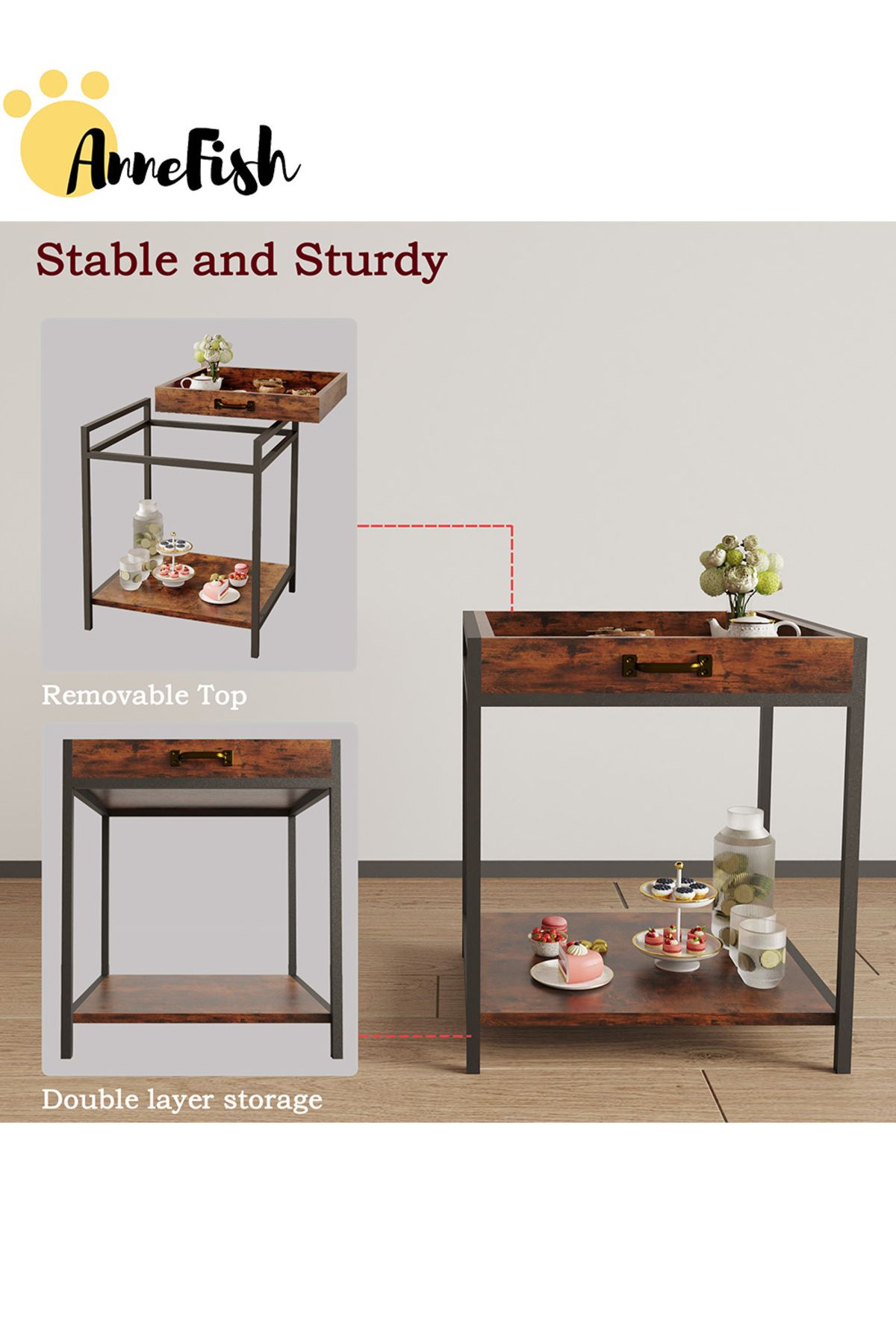 AnneFish-60*40*43cm Side Table Tray Coffee Service Table Removable Top End Table Sofa Bedside Table 7