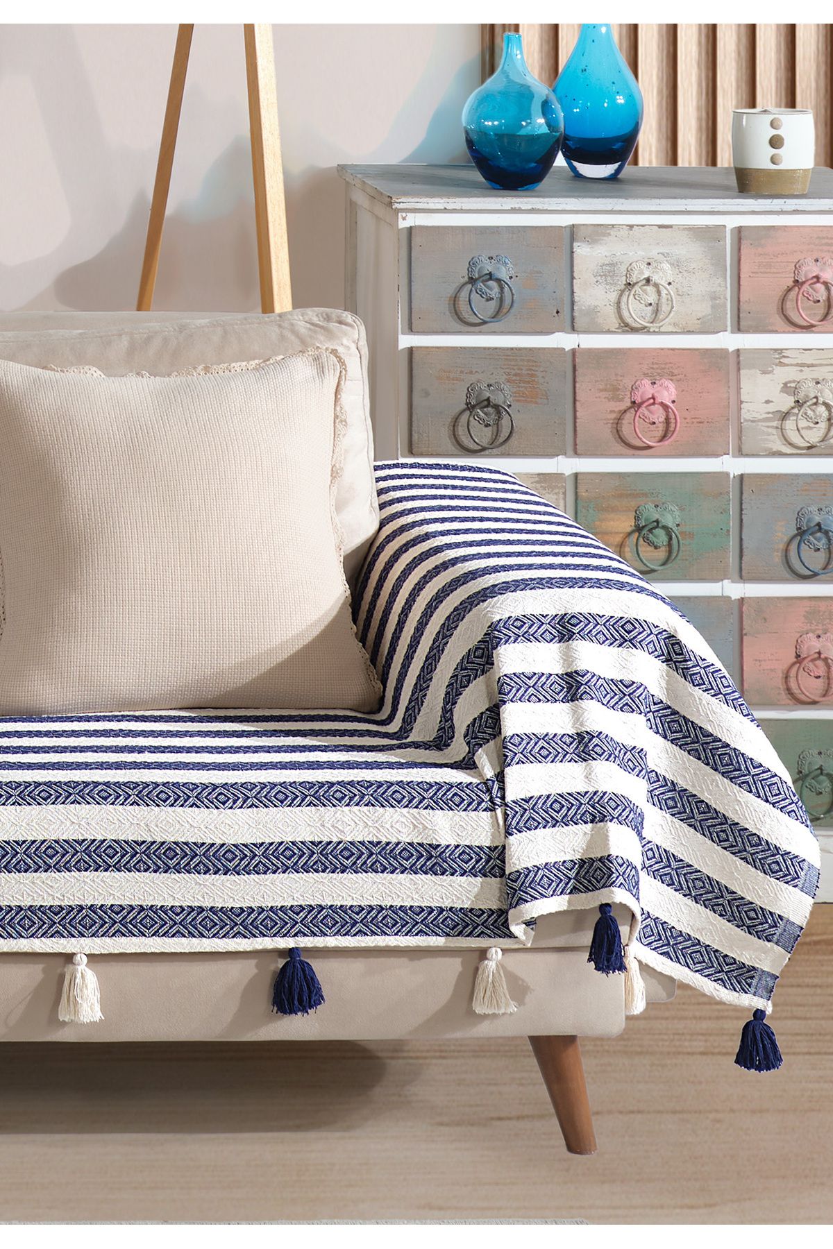 Lux Touch Pera Lacivert Püsküllü Kolları Örten Koltuk Örtüsü 300x110 cm 3m Battal Boy Ponponlu Kanepe Divan