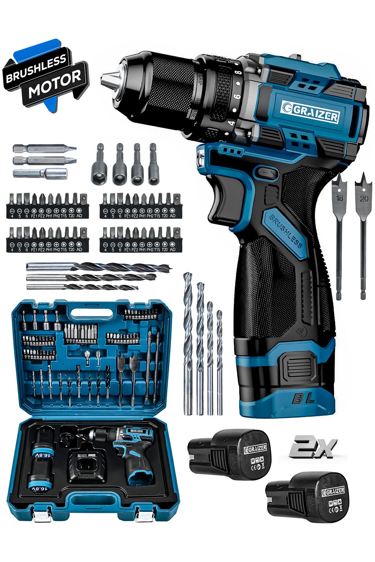 Graizer Powerforge 16.8v Çift Akü Çelik Mandren Kömürsüz Motor Darbesiz Şarjlı Matkap Akülü Vidalama-Mavi