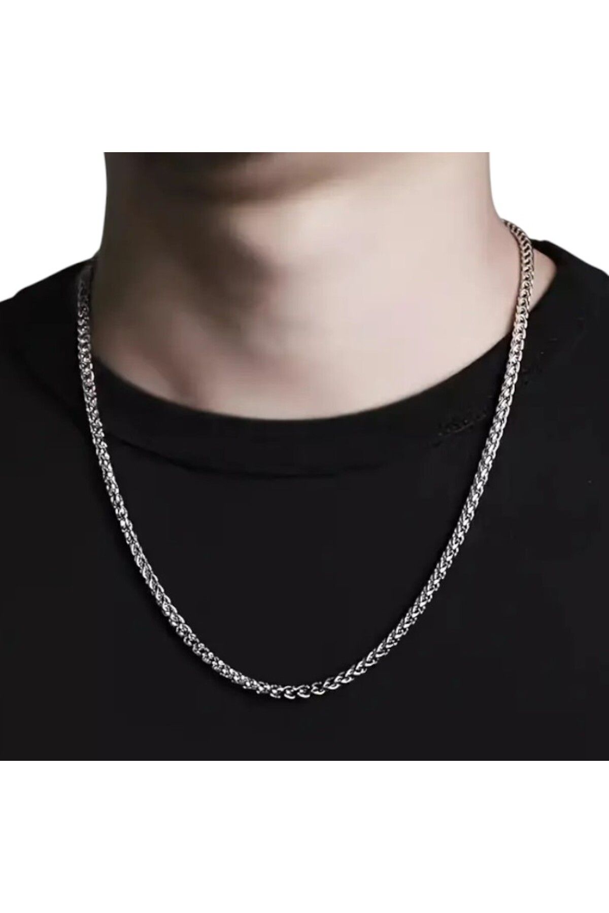 Tasarım Çelik Kolye Burgu Zincir Model 2 mm Kalınlık 55 cm Uzunluk Gümüş Silver