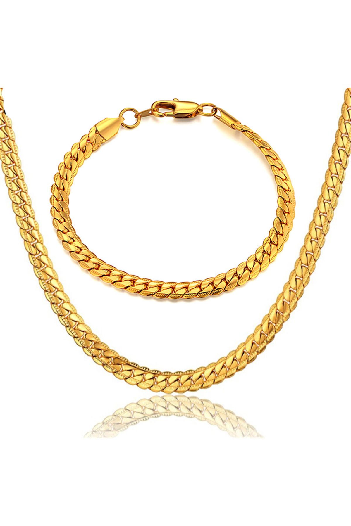 Takı Dükkanı Gold Ezme Yassı Yılan Çelik Unisex Kolye Ve Bileklik Seti Eck37s