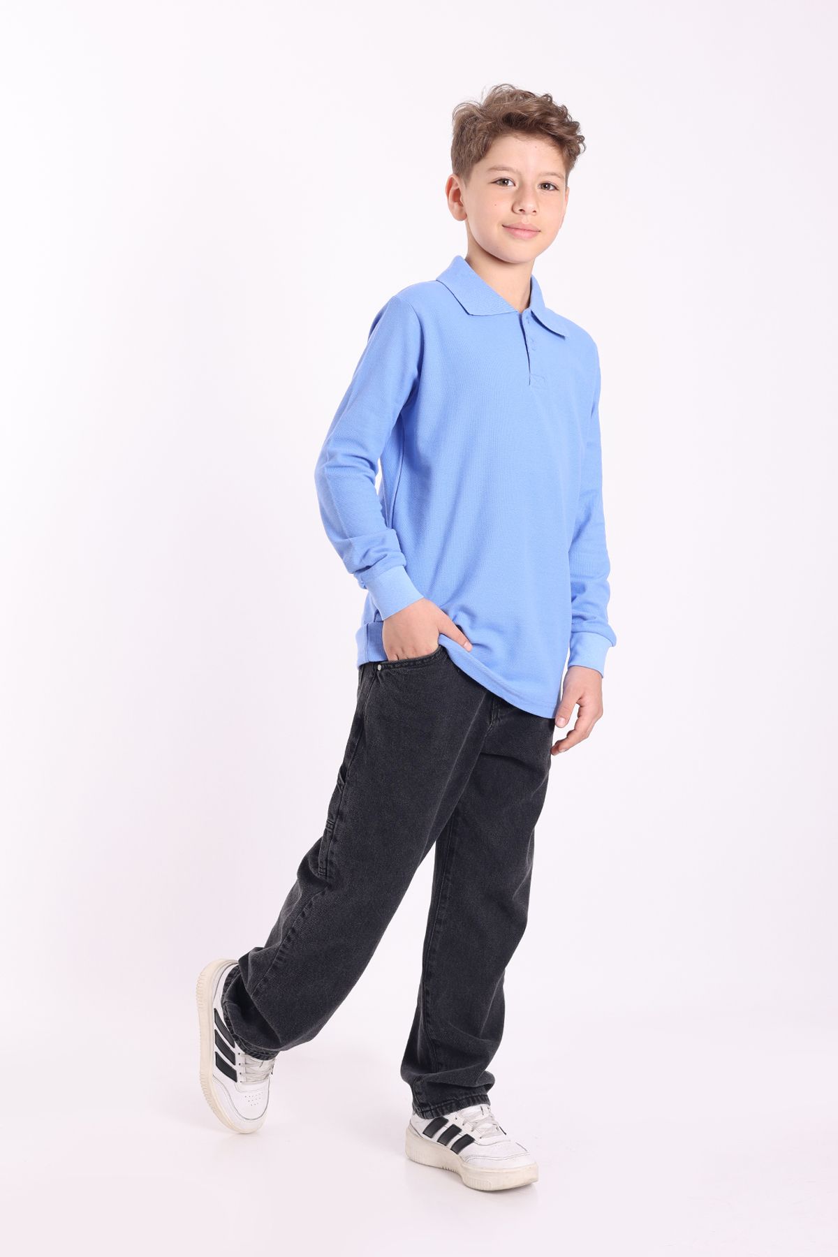 Re&Gi Rekor Unisex Çocuk Polo Yaka Okul Tişört Basic Uzun kollu T-shirt 5-16 Yaş Mavi