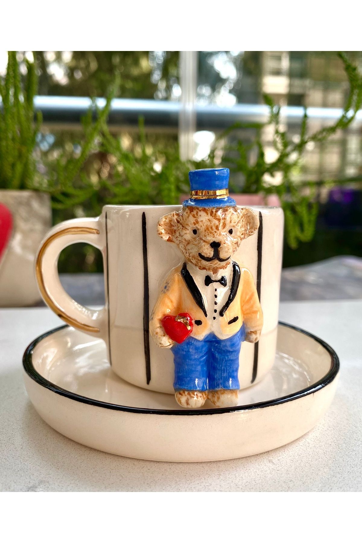 NOF El Yapımı Seramik Gerçek 24K Altın Dekorlu Damat Teddy Türk Kahvesi Fincanı