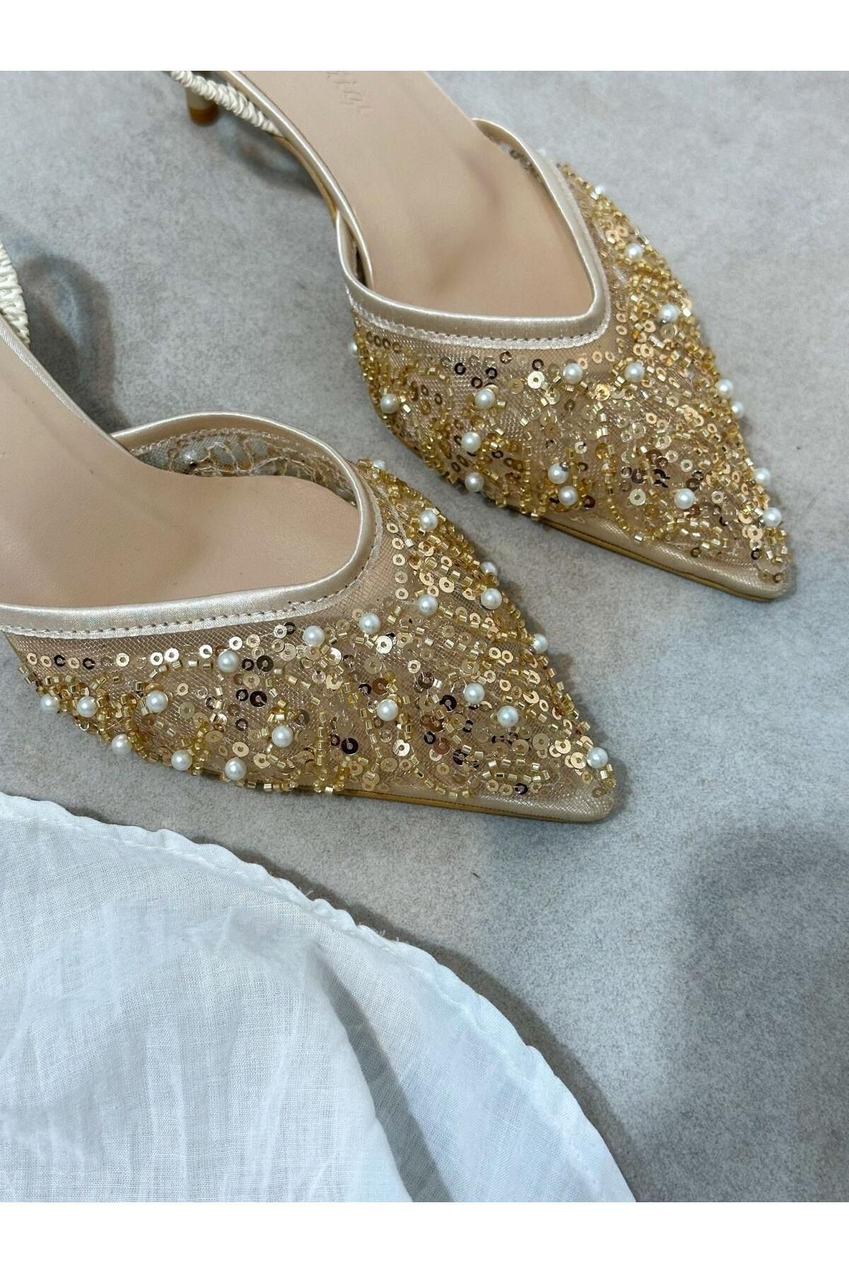 ERVANIN BUTİĞİ Nude File (Bride) Boncuk Detay Lastikli Kadın Stiletto