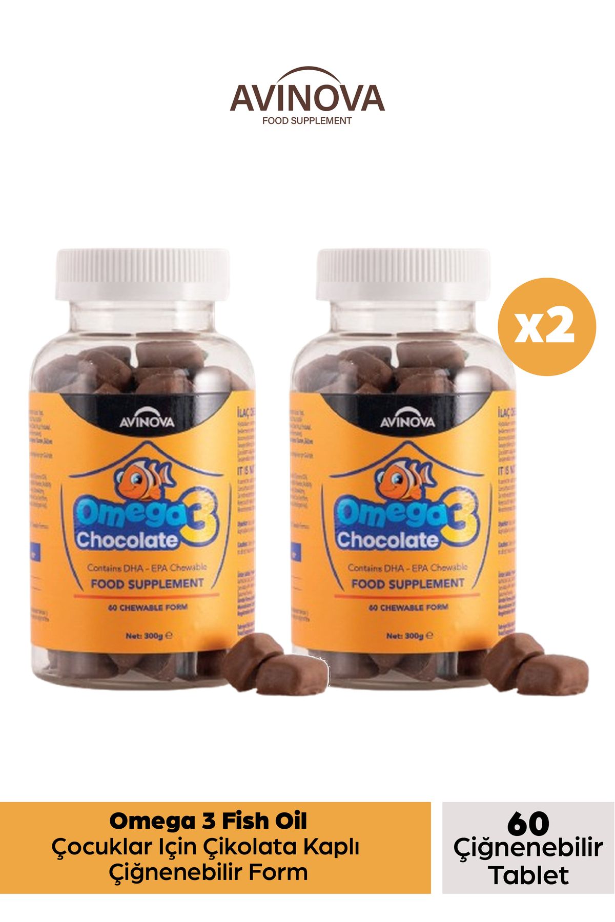 AVİNOVA Omega 3 Fish Oil Çocuklar Için Çikolata Kaplı Çiğnenebilir Form; Epa, Dha Içerikli 2'li Paket