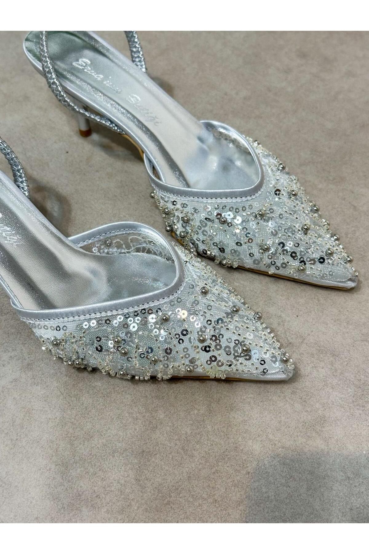 ERVANIN BUTİĞİ Gümüş File (Bride) Boncuk Detay Lastikli Kadın Stiletto