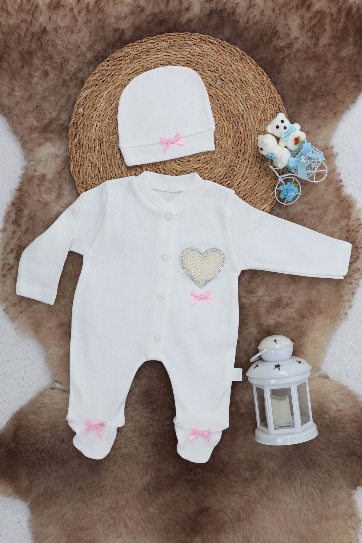 KAMELYA DESİGN Sema Baby Pamuklu Bebek Tulum Seti 0-3 Ay - Love
