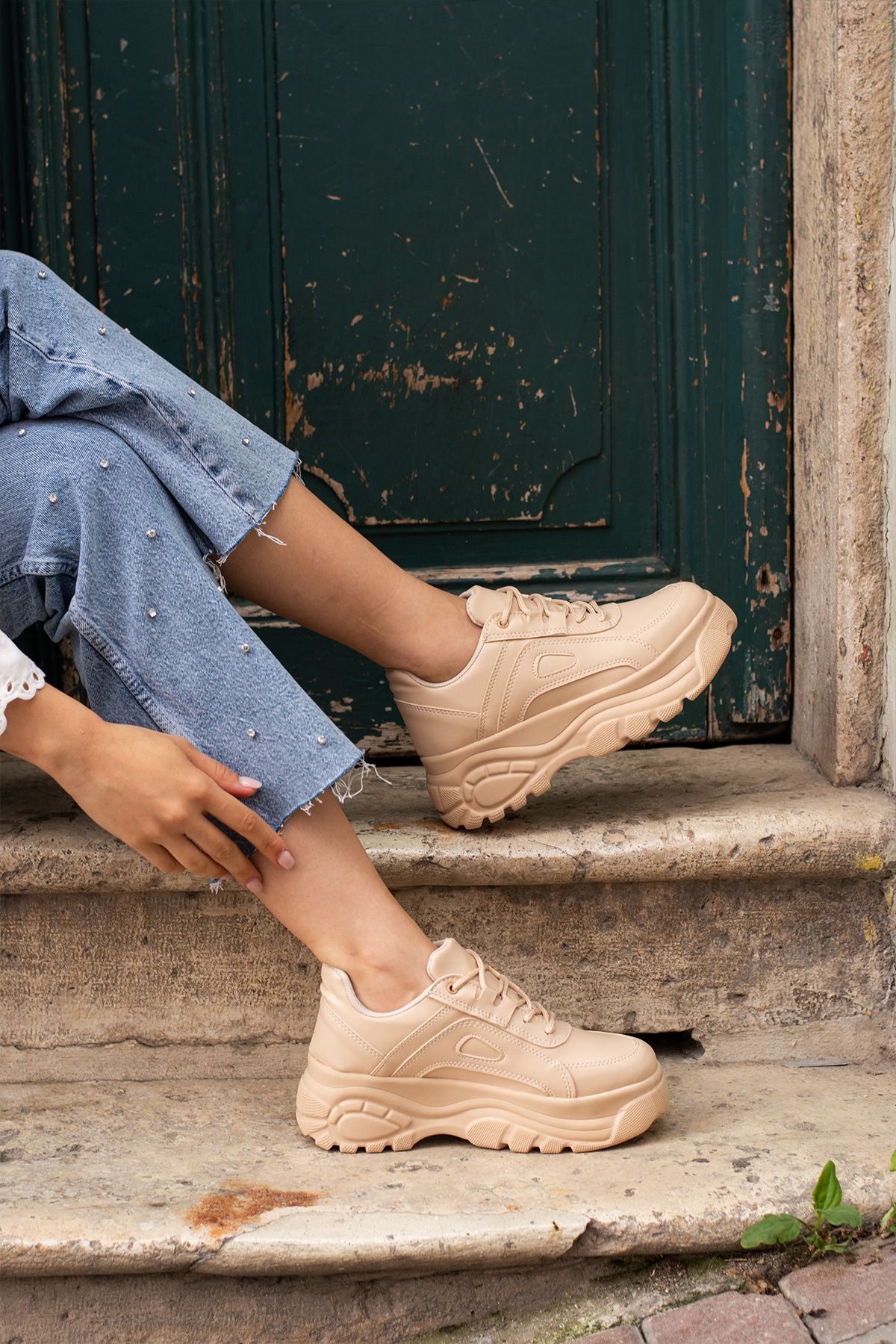Trendpink Ten Günlük Kadın Spor Ayakkabı Bağcıklı Kalın Hafif Yüksek Taban Sneaker