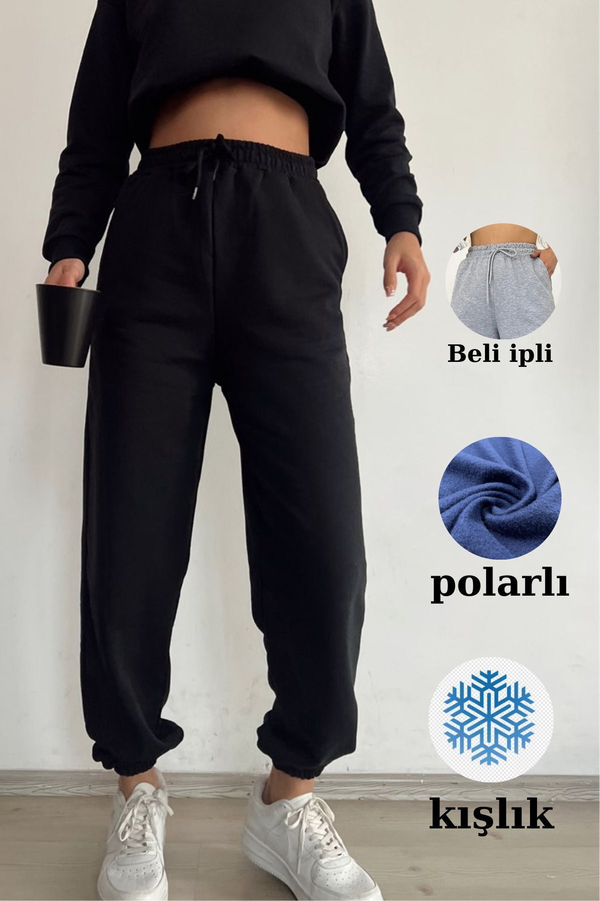 rşnmoda Kadın Yüksek Bel Içi Polarlı Üç Iplik Siyah Eşofman Altı