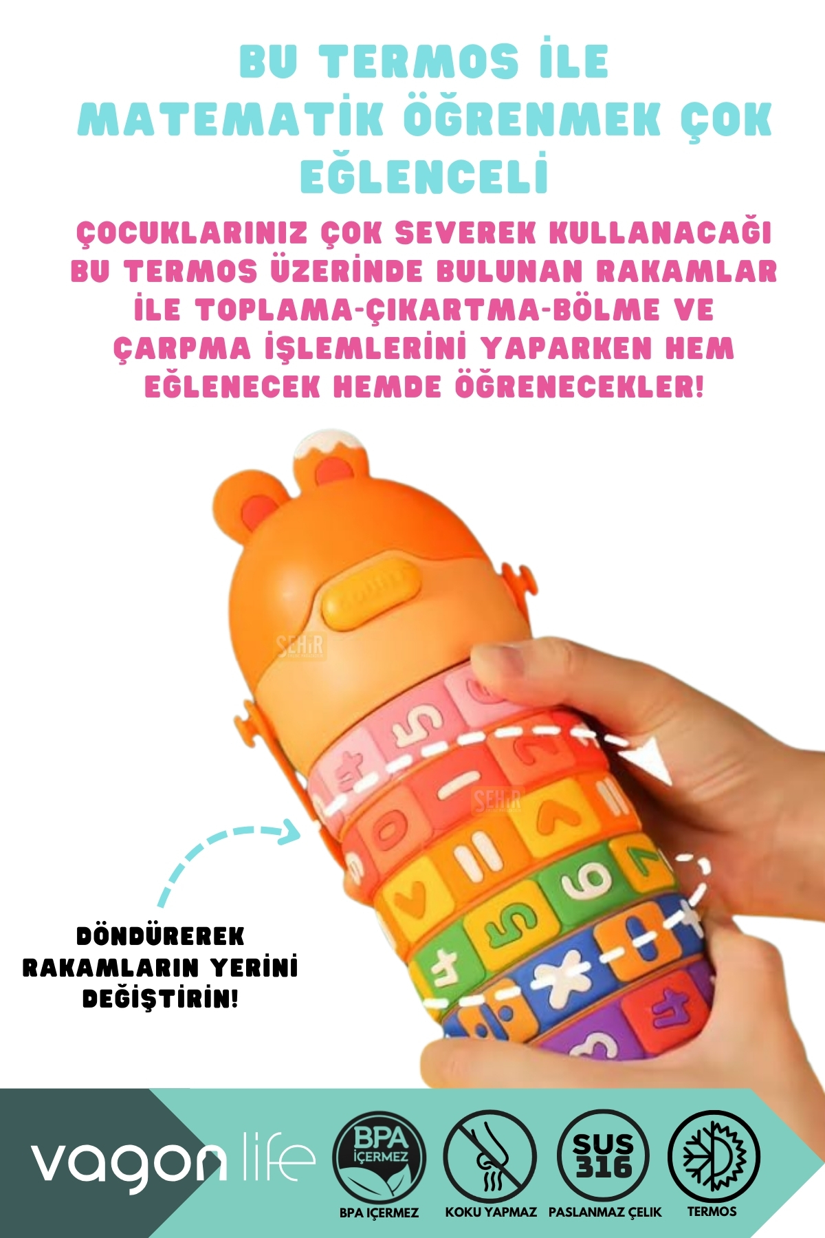 Vagonlife 430ml Sevimli Kulaklı Eğitici Matematik Çevirmeli Oyunlu Pipetli Askılı Kulplu Çocuk Çelik Termos fotoğrafı 3 (önizleme)