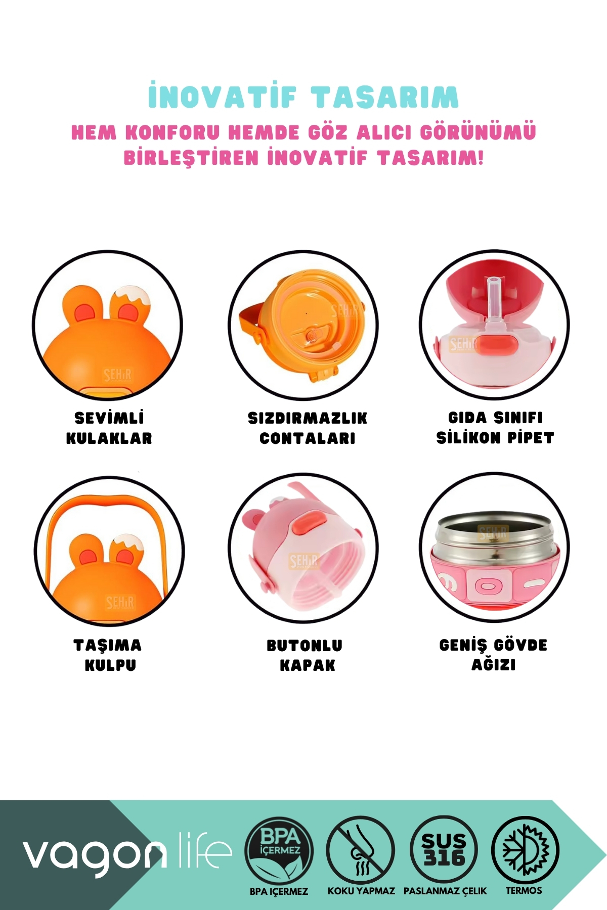 Vagonlife 430ml Sevimli Kulaklı Eğitici Matematik Çevirmeli Oyunlu Pipetli Askılı Kulplu Çocuk Çelik Termos fotoğrafı 6 (önizleme)