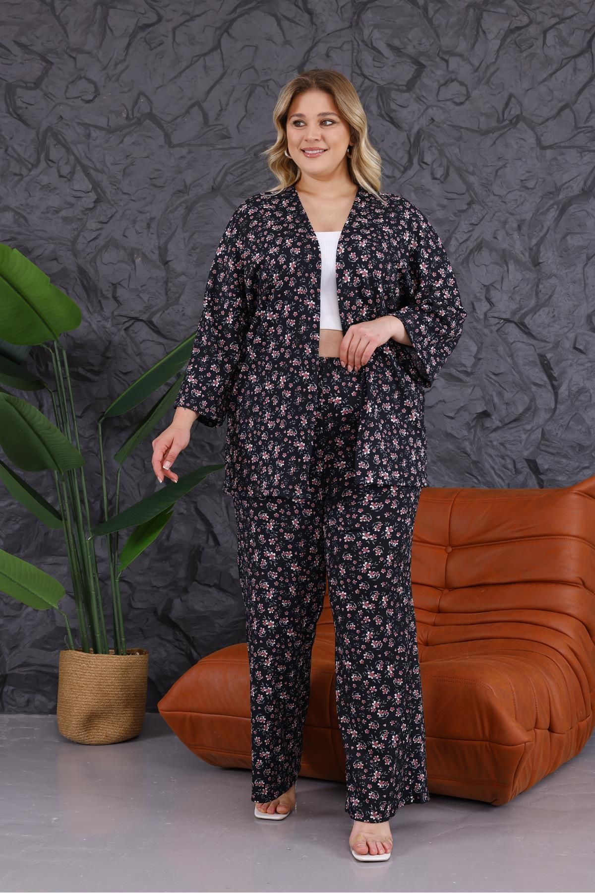 Siyezen Büyük Beden Çiçek Desen Kimono Takım