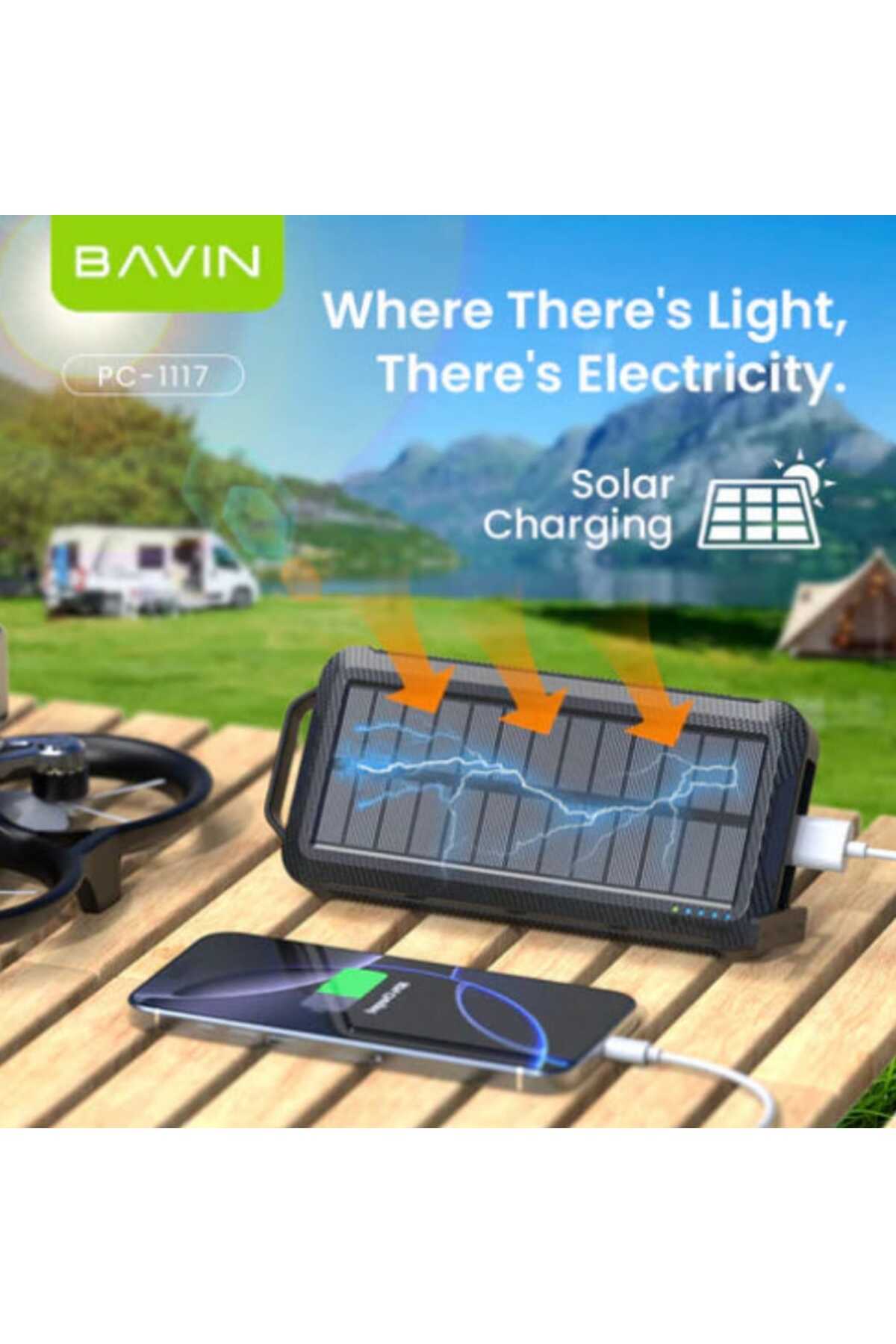 Bavin-10000mAh Solar Power Bank with Wireless Charging, Built-in Flashlight, and 3 Cables 2
