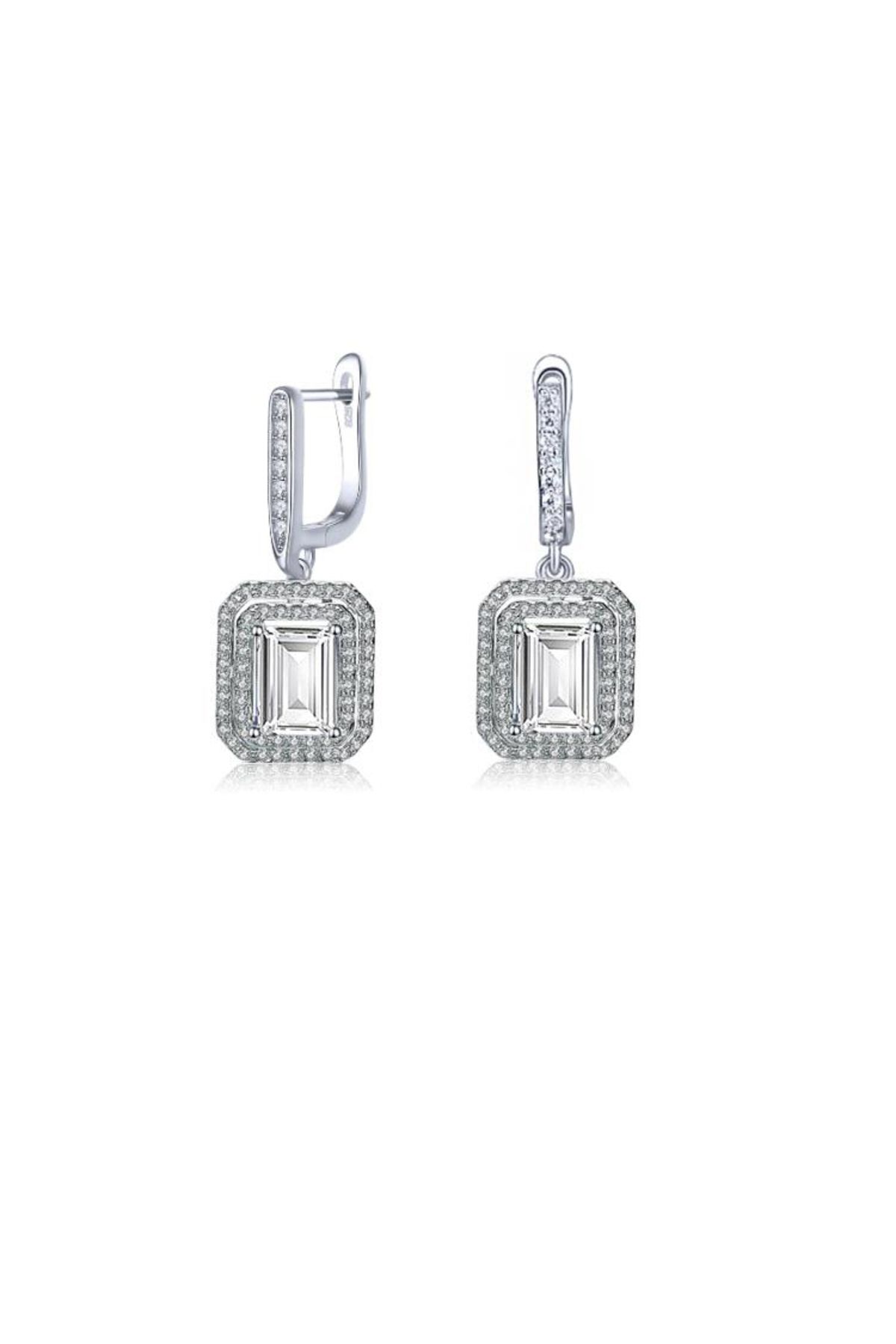 Brezza Lusso Jewelry Pırlanta Model Baget Taşlı Lüks Sallantılı Gümüş Kadın Küpe