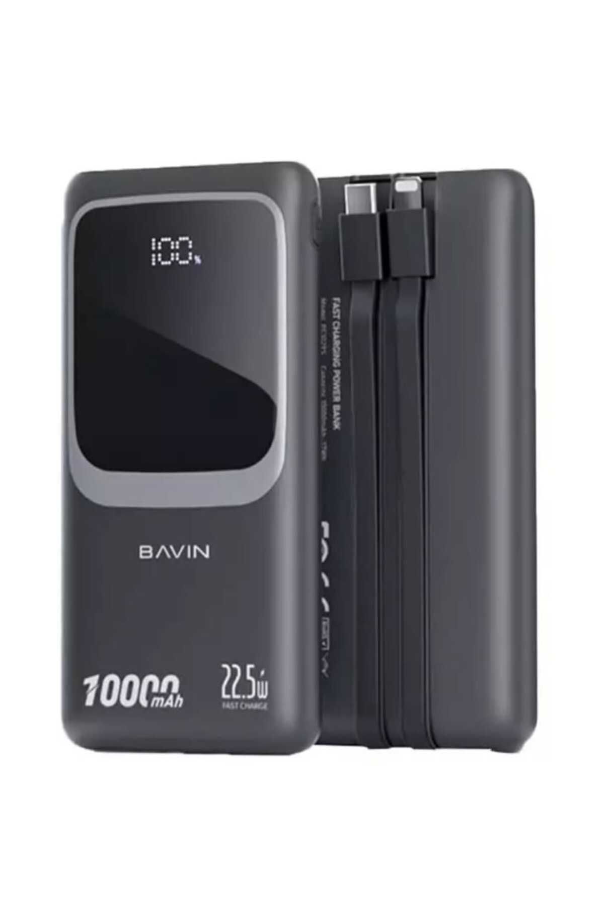 Bavin-10000mAh 22.5W Power Bank with PD Port, USB Port, 2 Built-in Cables, and Display Screen Black 1