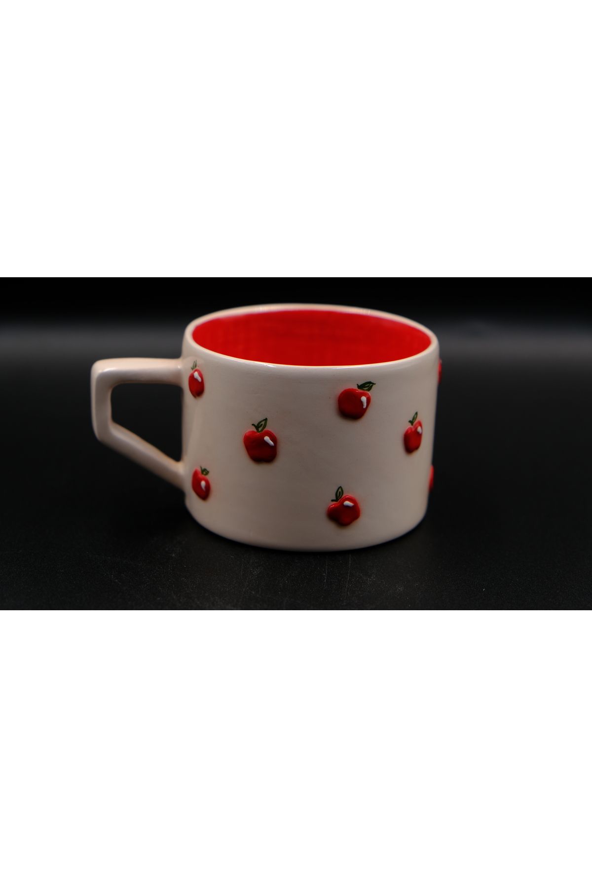wugu El Yapımı Seramik Mug , Elma Desenli Mug , Kırmızı Beyaz Seramik Mug