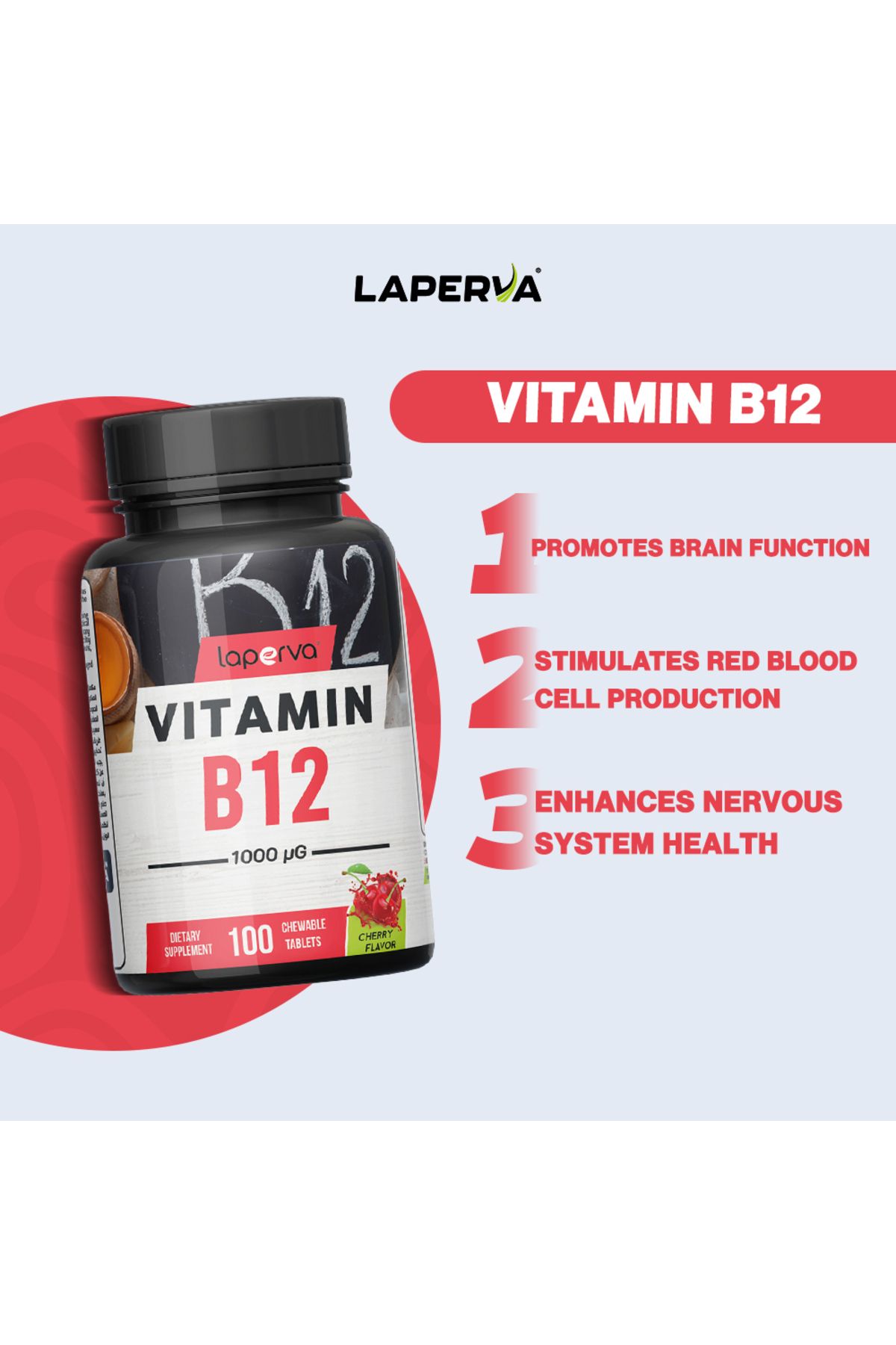 Laperva-Vitamin B12, 100 Chewable Tablets, 1000 Mcg, Promotes Brain Function 3