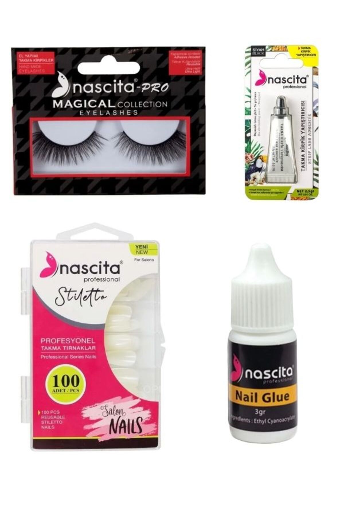 nascita 135 Takma Kirpik+ 100 lü Tırnak +Yapıştırıcı Mezuniyet Balo Düğün ve Nişan 4'lü Promosyon Seti