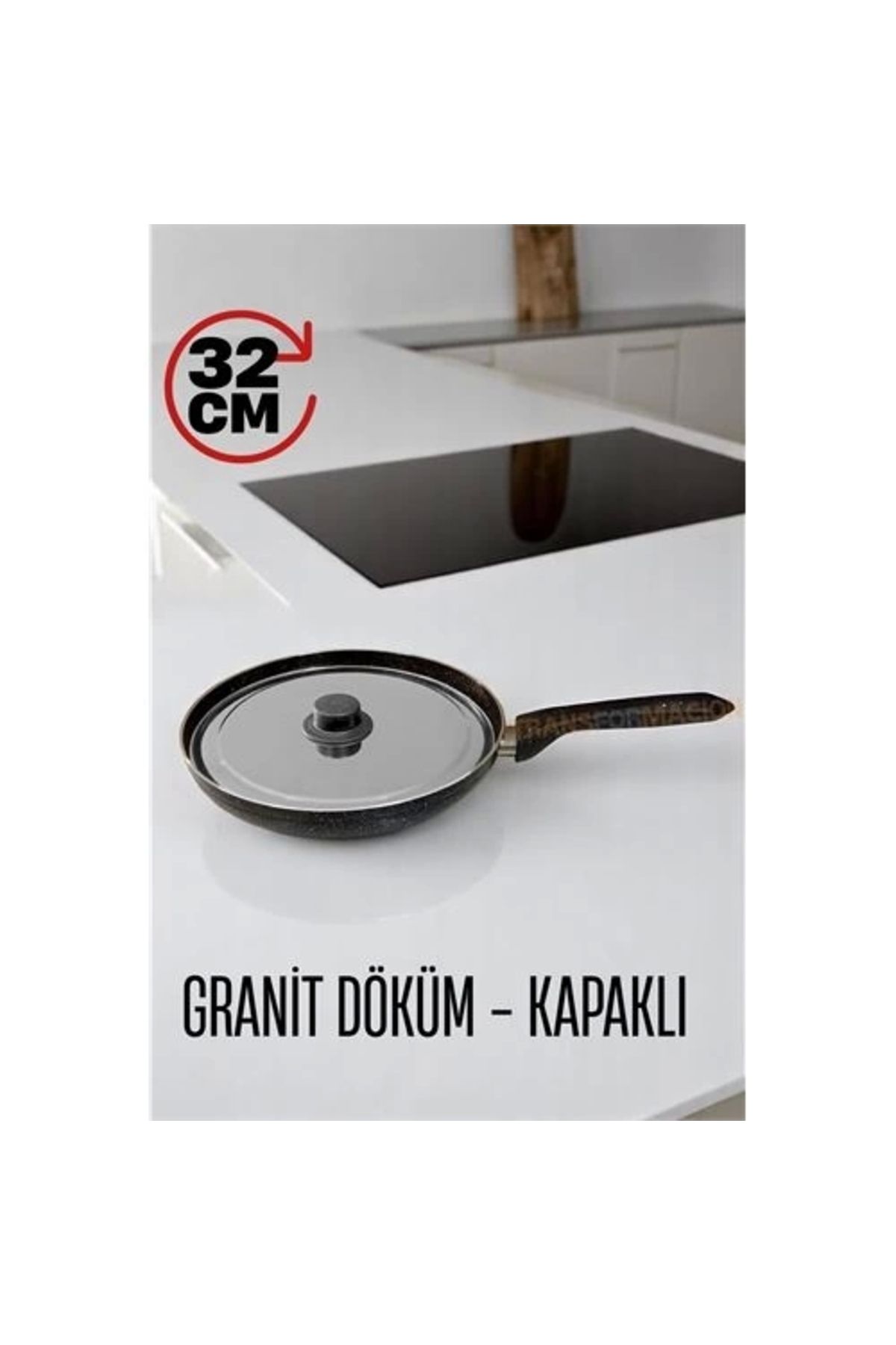 No8 Home Granit Döküm Tava Paslanmaz Çelik Kapaklı -Yapışmaz Taban 32 Cm