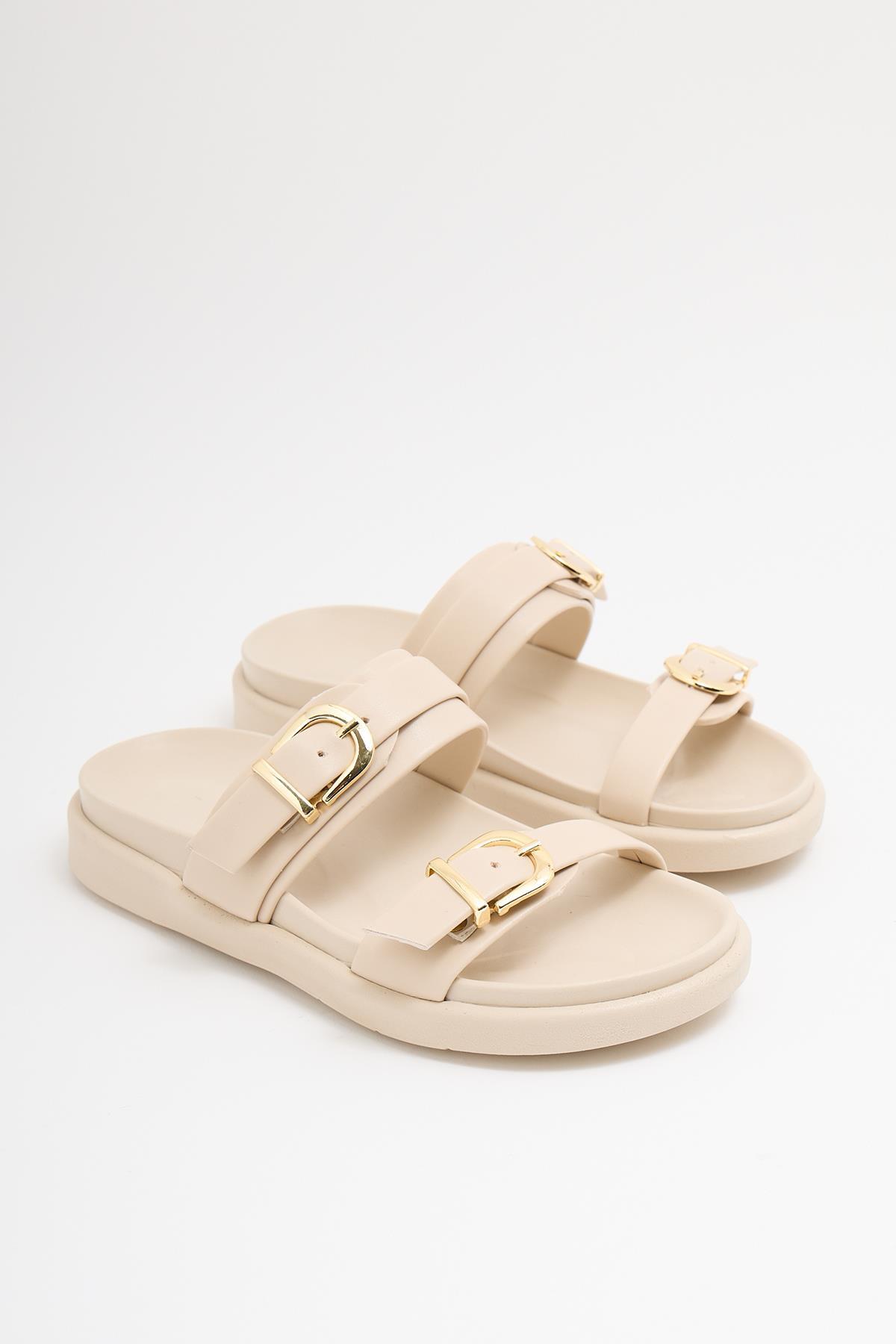 Cream Women's Double Buckle Casual Slippers – Comfortable Trendy Design