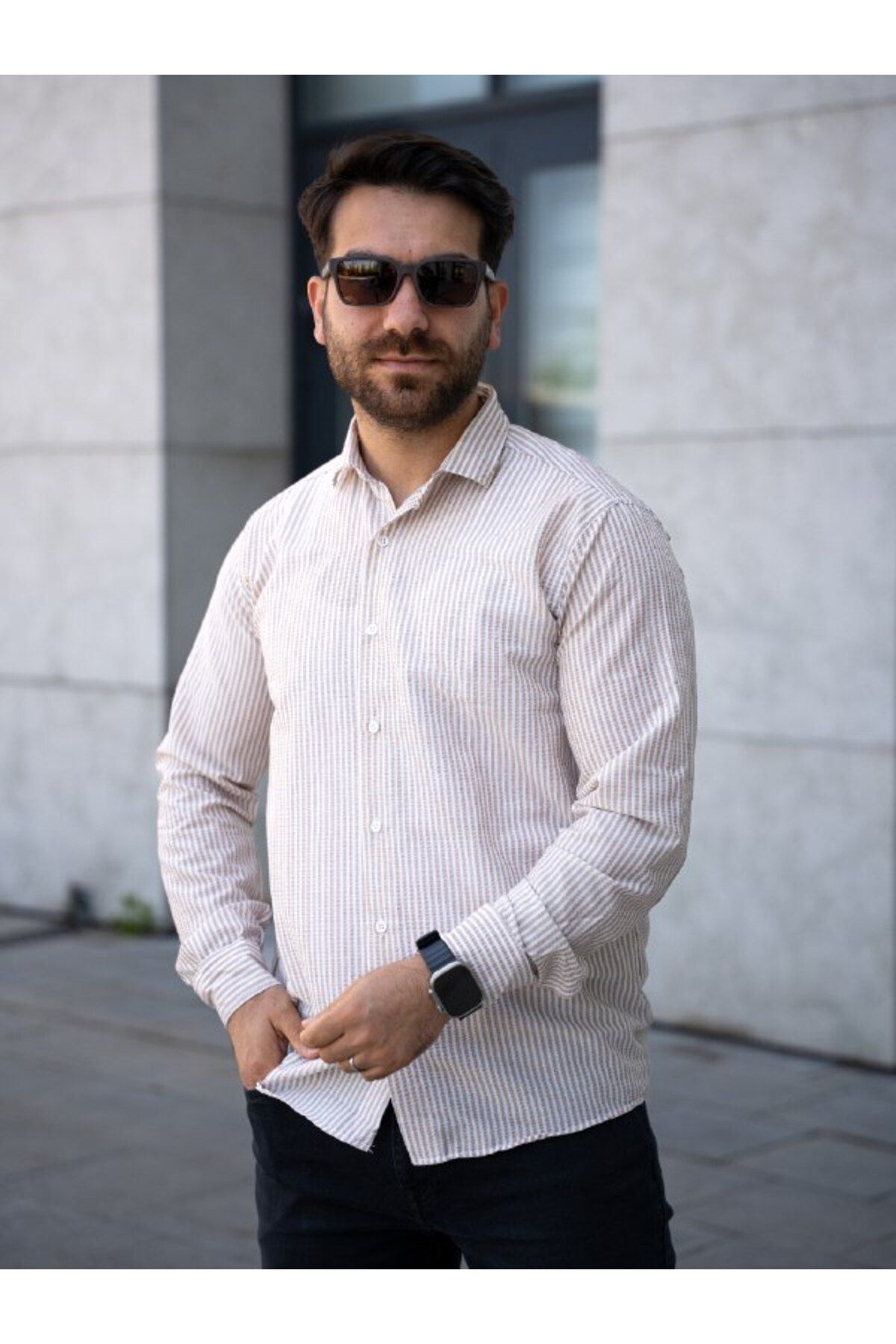 YONEZ MODA Erkek Rahat Kalıp Çizgili Klasik Yaka Uzun Kol Gömlek
